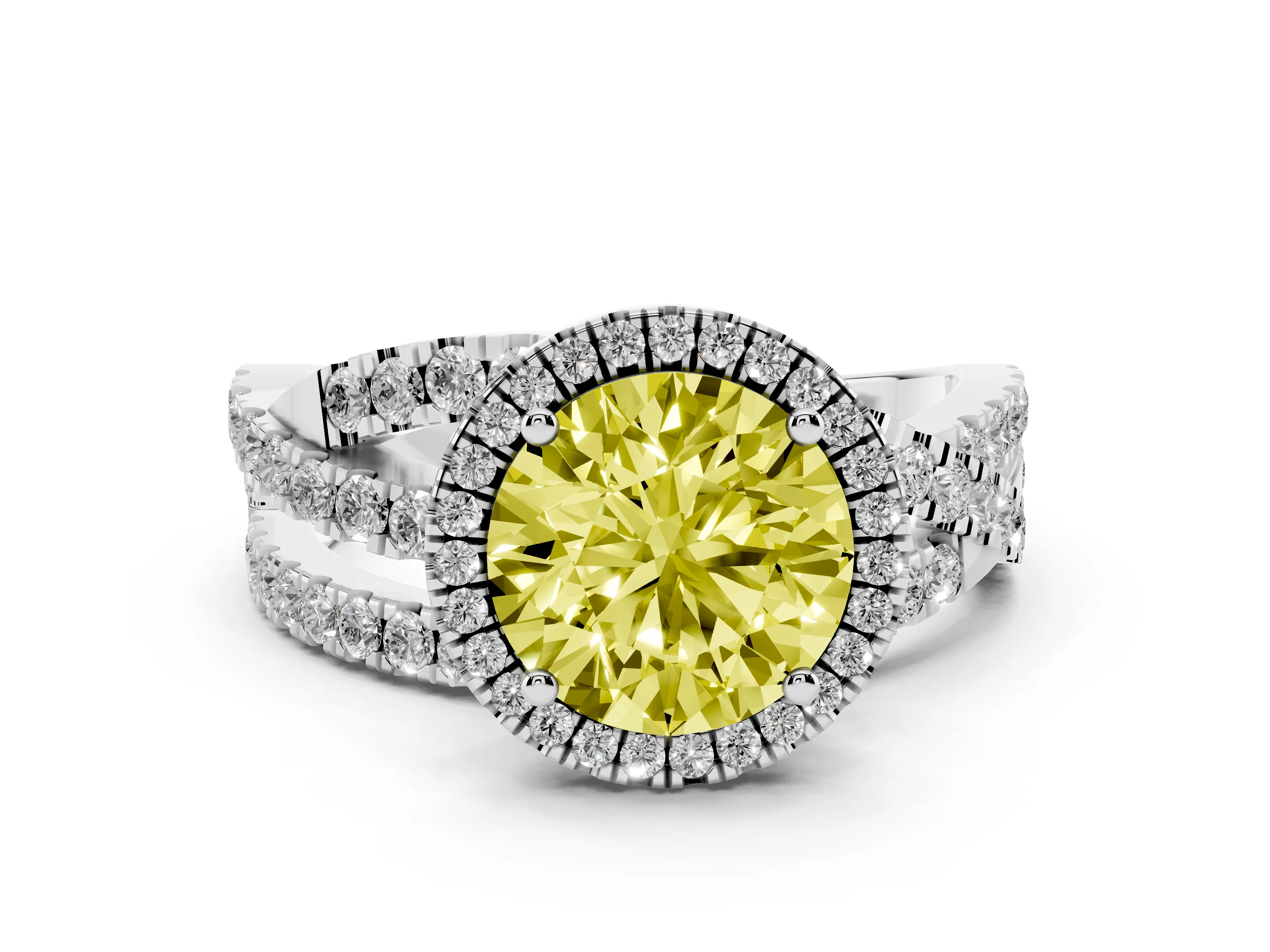 Fancy Yellow Round Cut Diamond Halo Ring Set in Platinum with Round Crossover Split Shank and Prong Setting