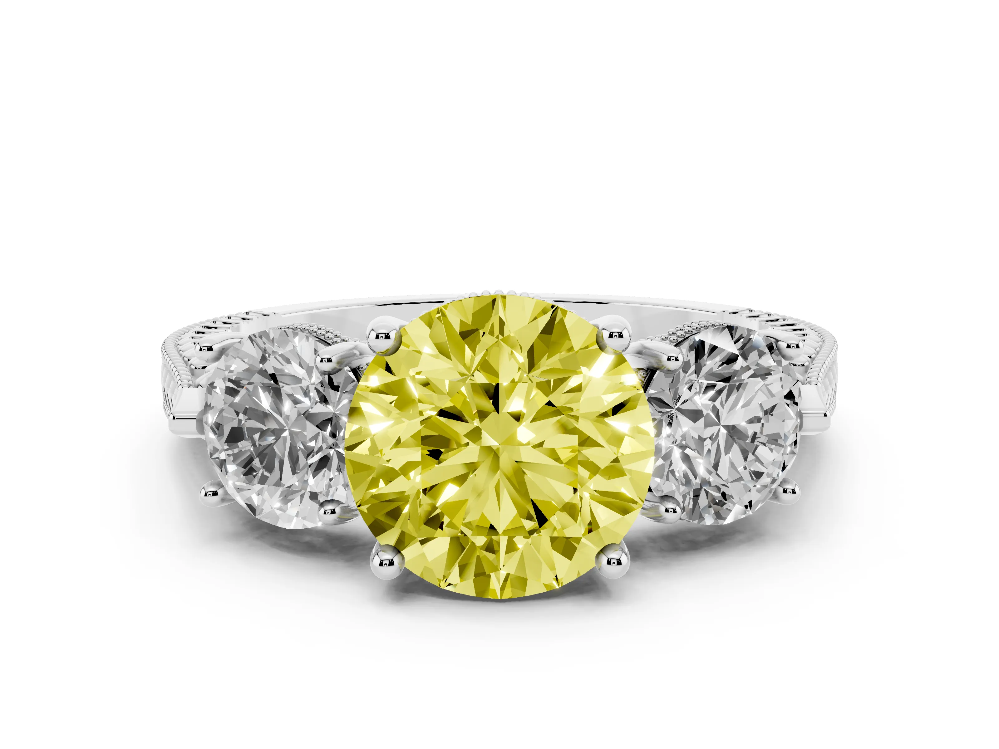 Fancy Yellow Round Cut Diamond Three-Stone Ring Set in Platinum with Milgrain Band