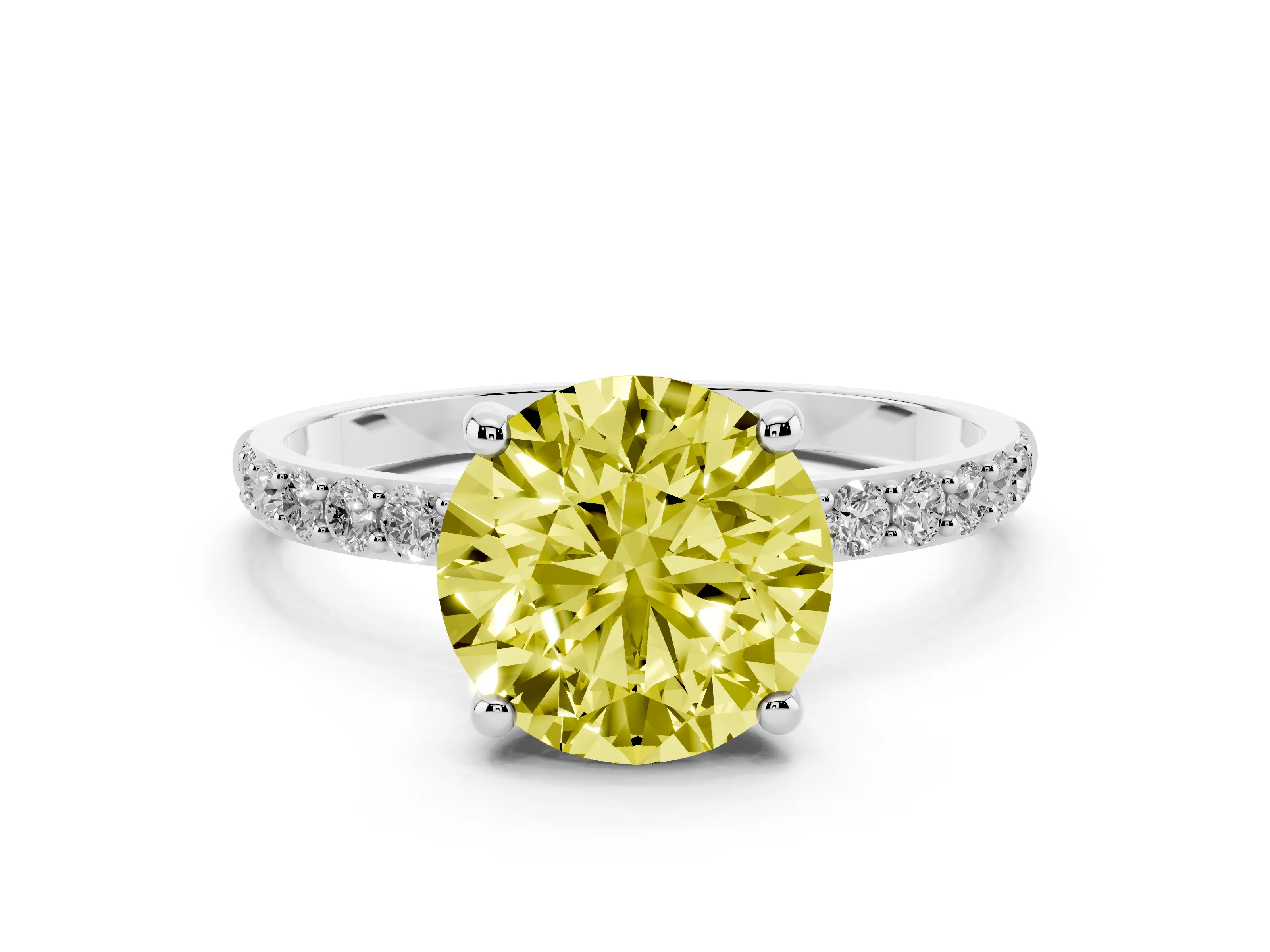 Fancy Yellow Round Cut Diamond Solitaire Ring Set in Platinum with Round Pavé Band and Prong Setting