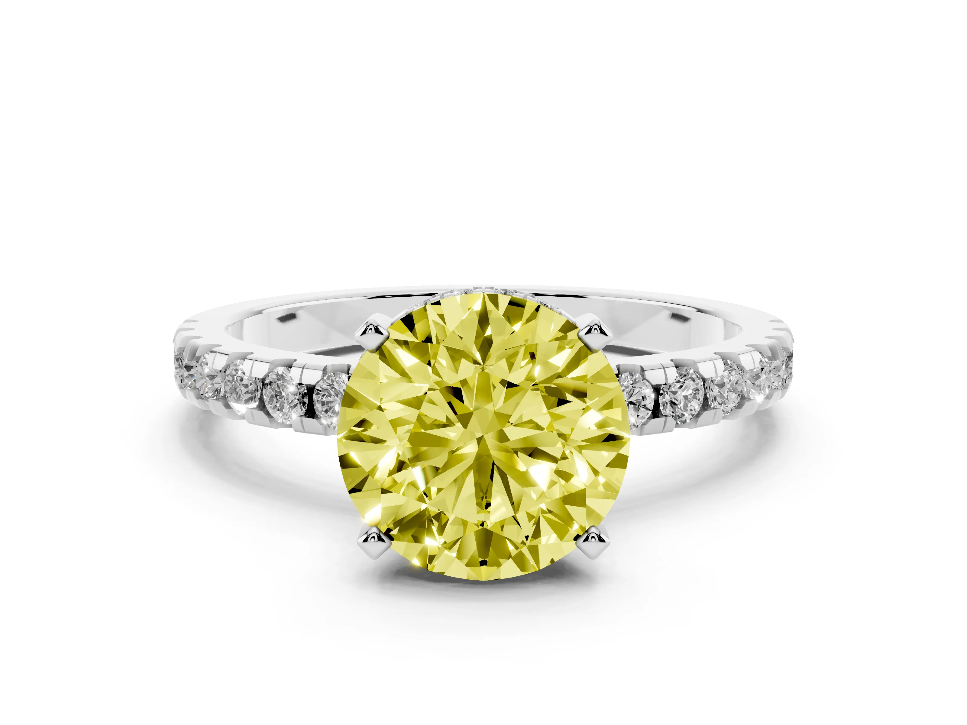 Fancy Yellow Round Cut Diamond Pavé Solitaire Ring Set in Platinum with Round Band Accents and Prong Setting