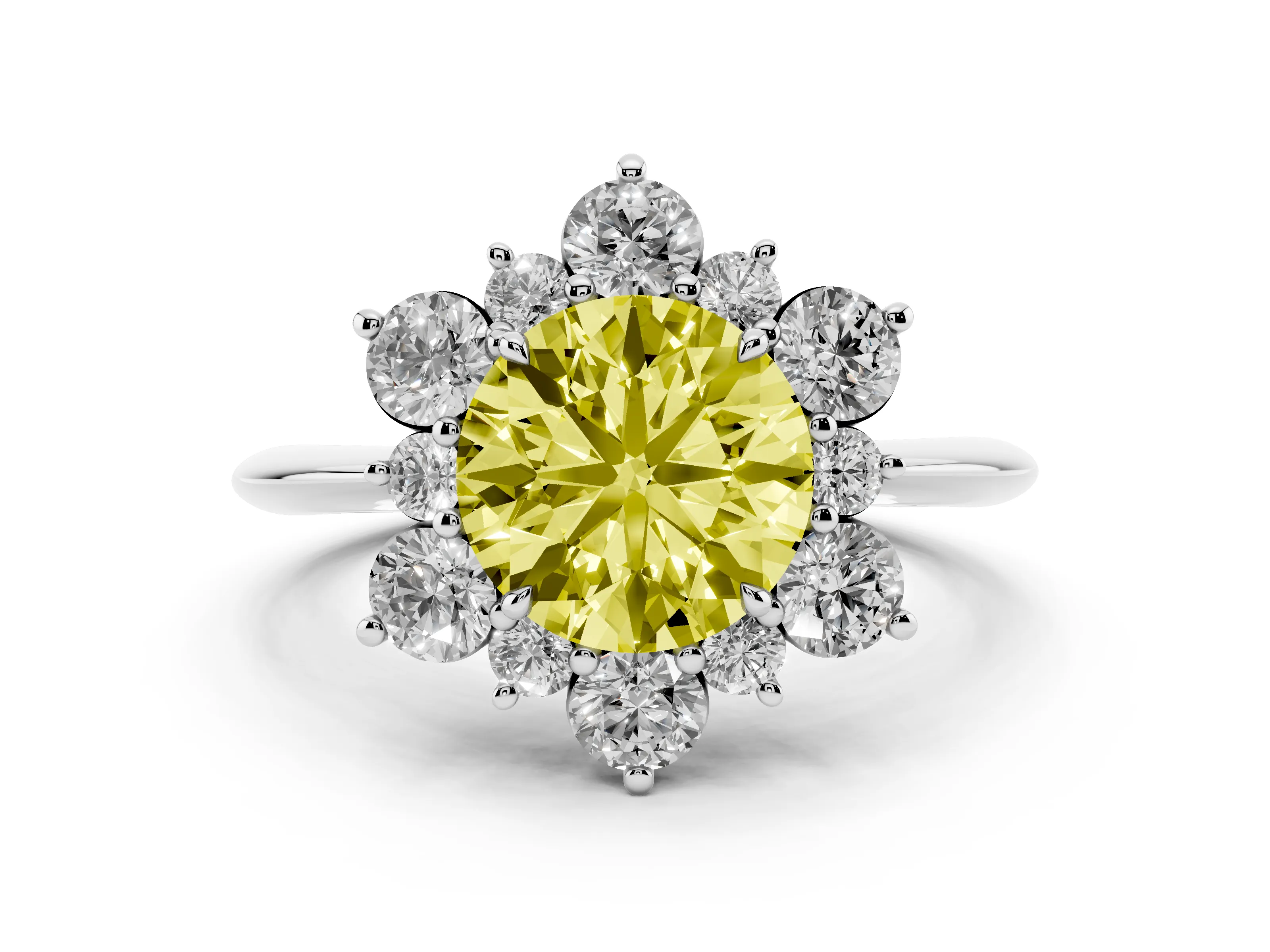 Fancy Yellow Round Cut Diamond Cluster Halo Ring Set in Silver with Solitaire Band and Prong Setting