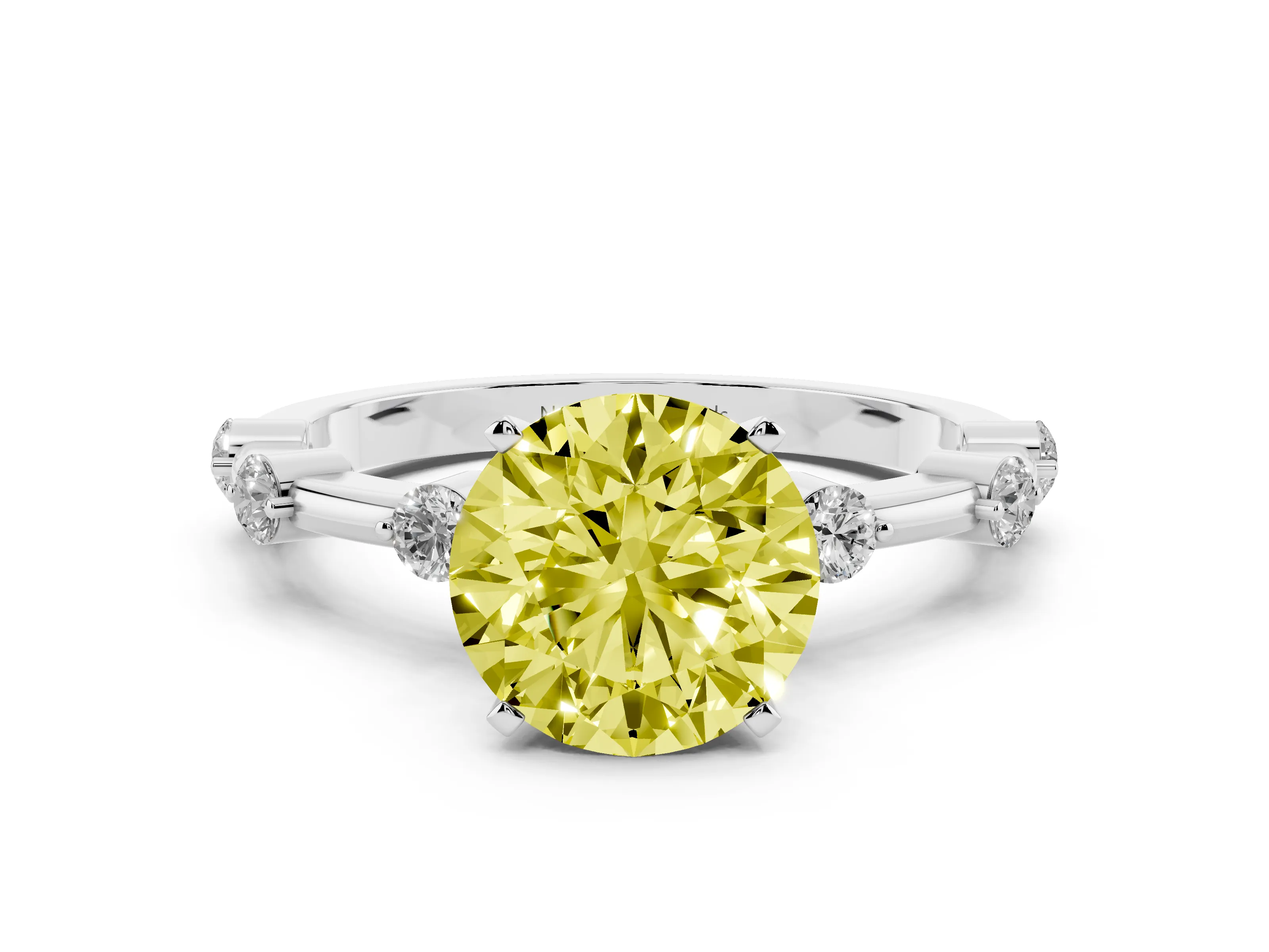 Fancy Yellow Round Cut Diamond Solitaire Ring Set in Platinum with Bezel Set Side Stones and Prong Setting