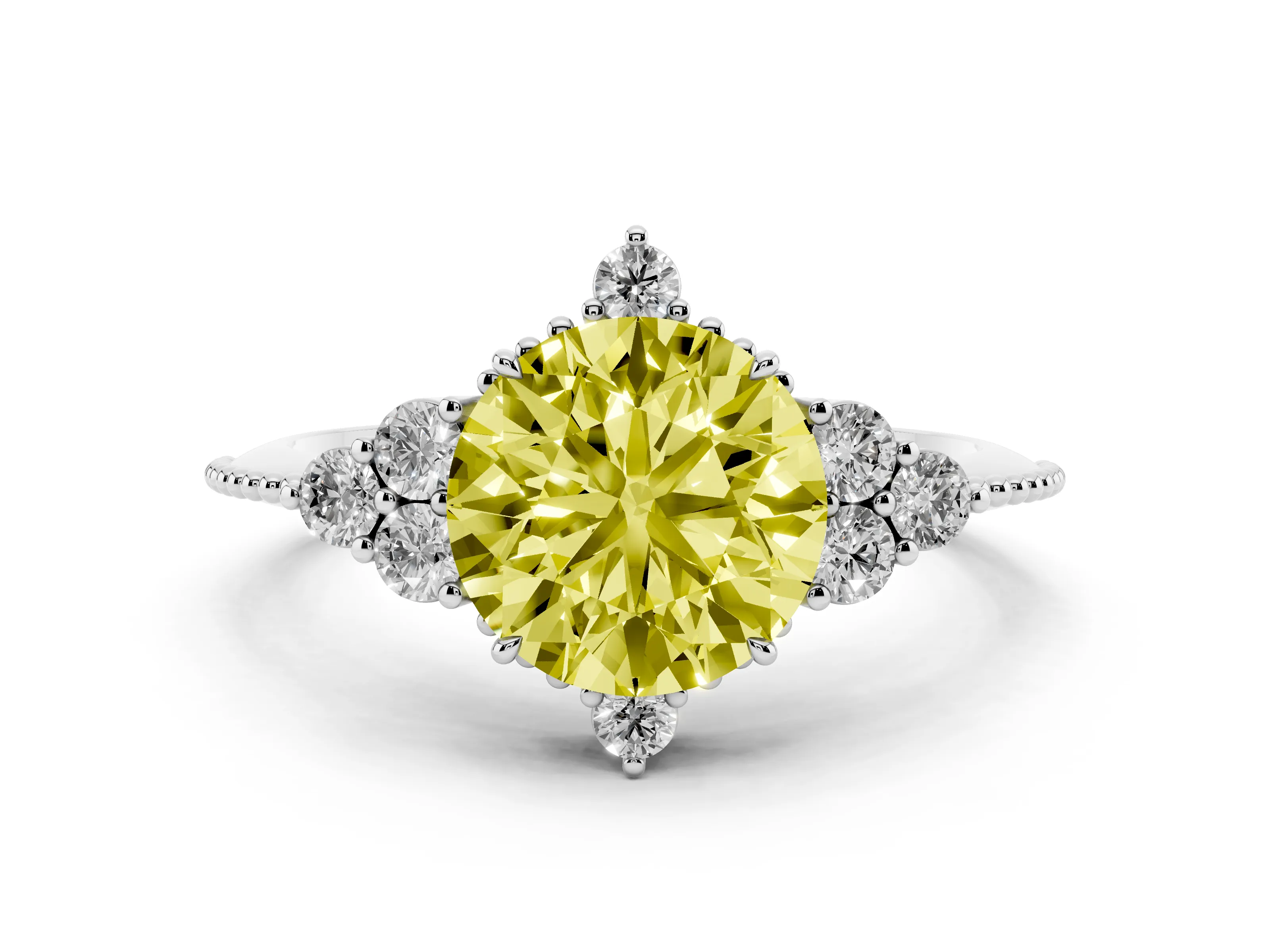 Fancy Yellow Round Cut Diamond Cluster Ring Set in Silver with Beaded Band