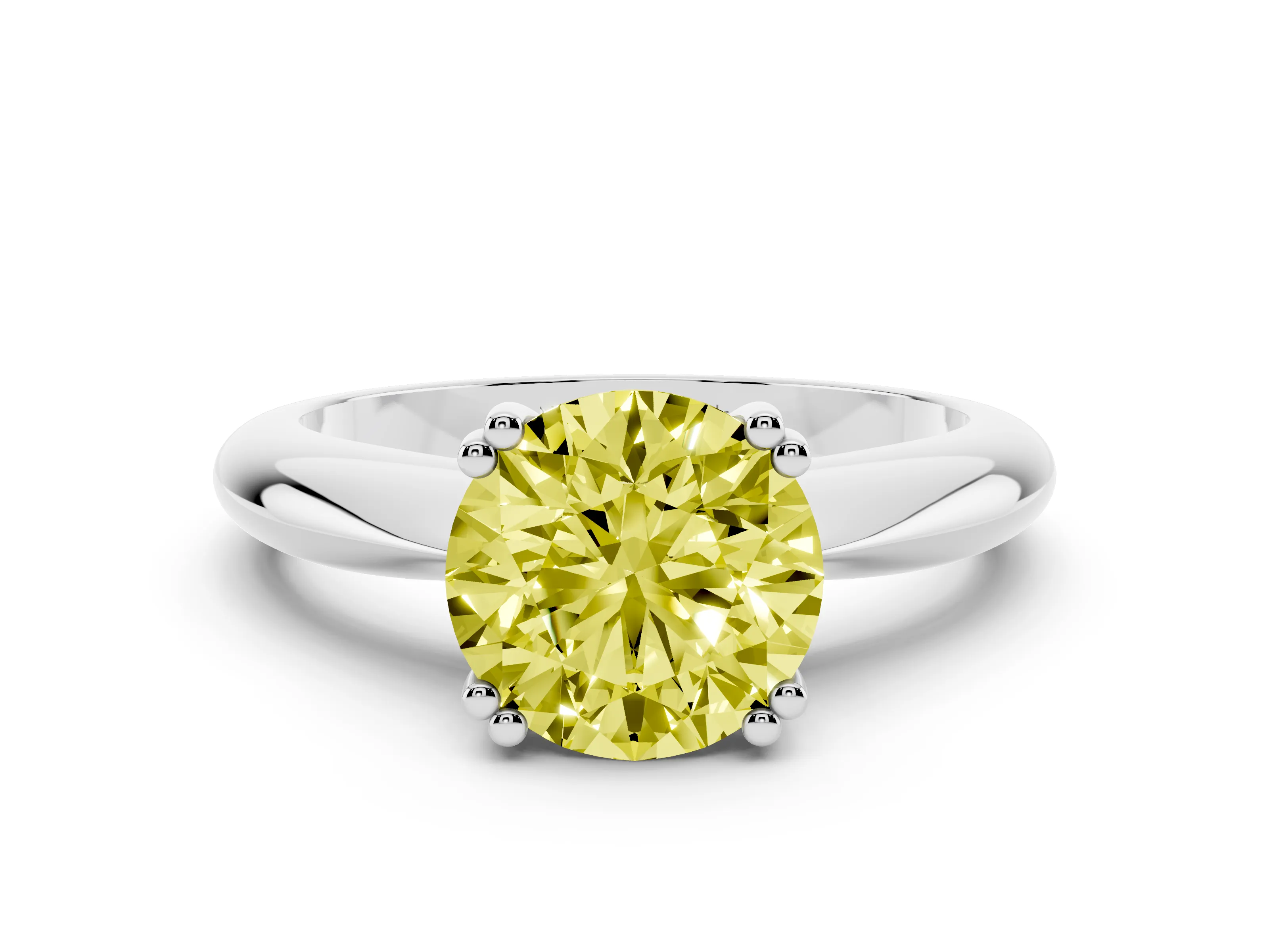 Fancy Yellow Round Cut Diamond Solitaire Engagement Ring Set in White gold with Tapered Band and Prong Setting