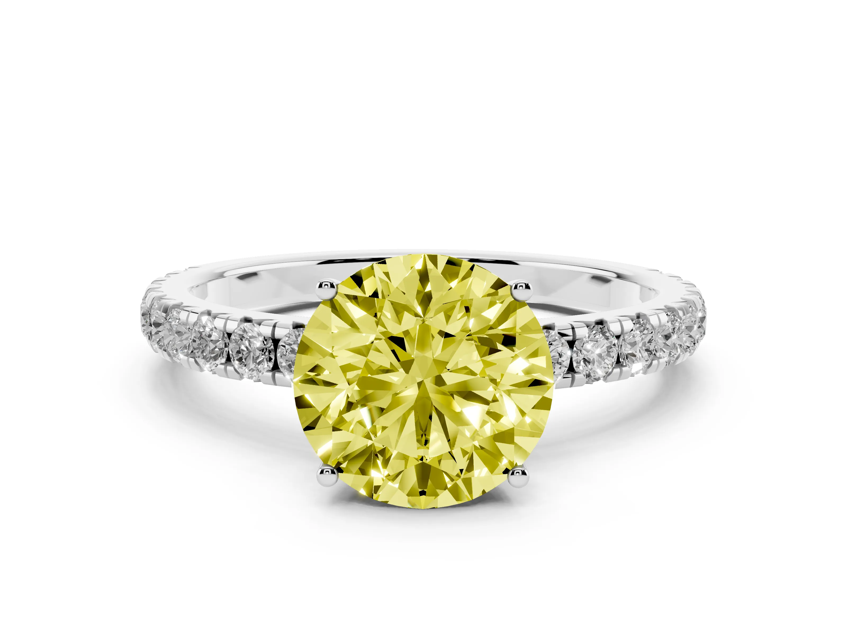 Fancy Yellow Round Cut Diamond Pavé Solitaire Engagement Ring Set in White gold with Prong Setting