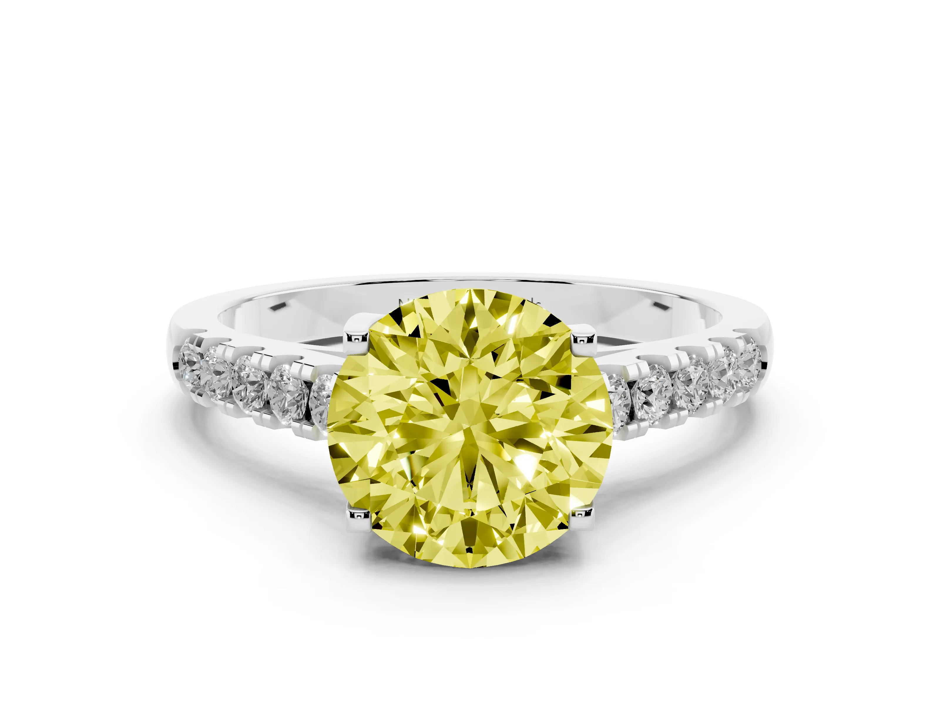 Fancy Yellow Round Cut Diamond Pavé Band Solitaire Ring Set in Platinum with Partway Accent Stones and Prong Setting