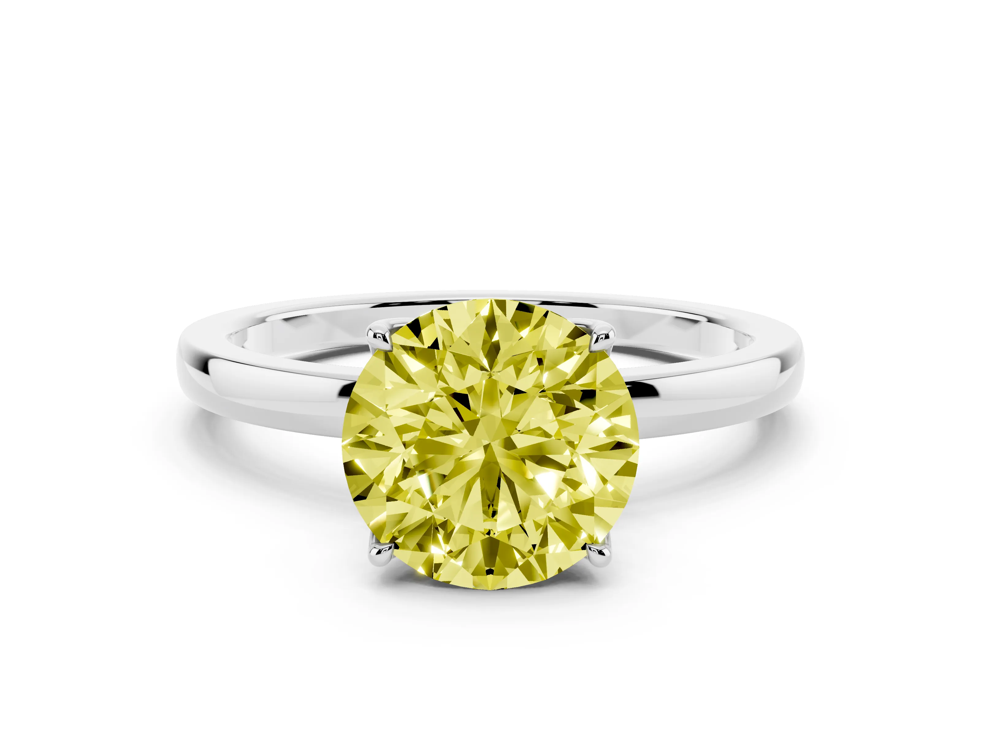 Fancy Yellow Round Cut Diamond Solitaire Ring Set in White gold with Prong Setting and Thin Polished Band