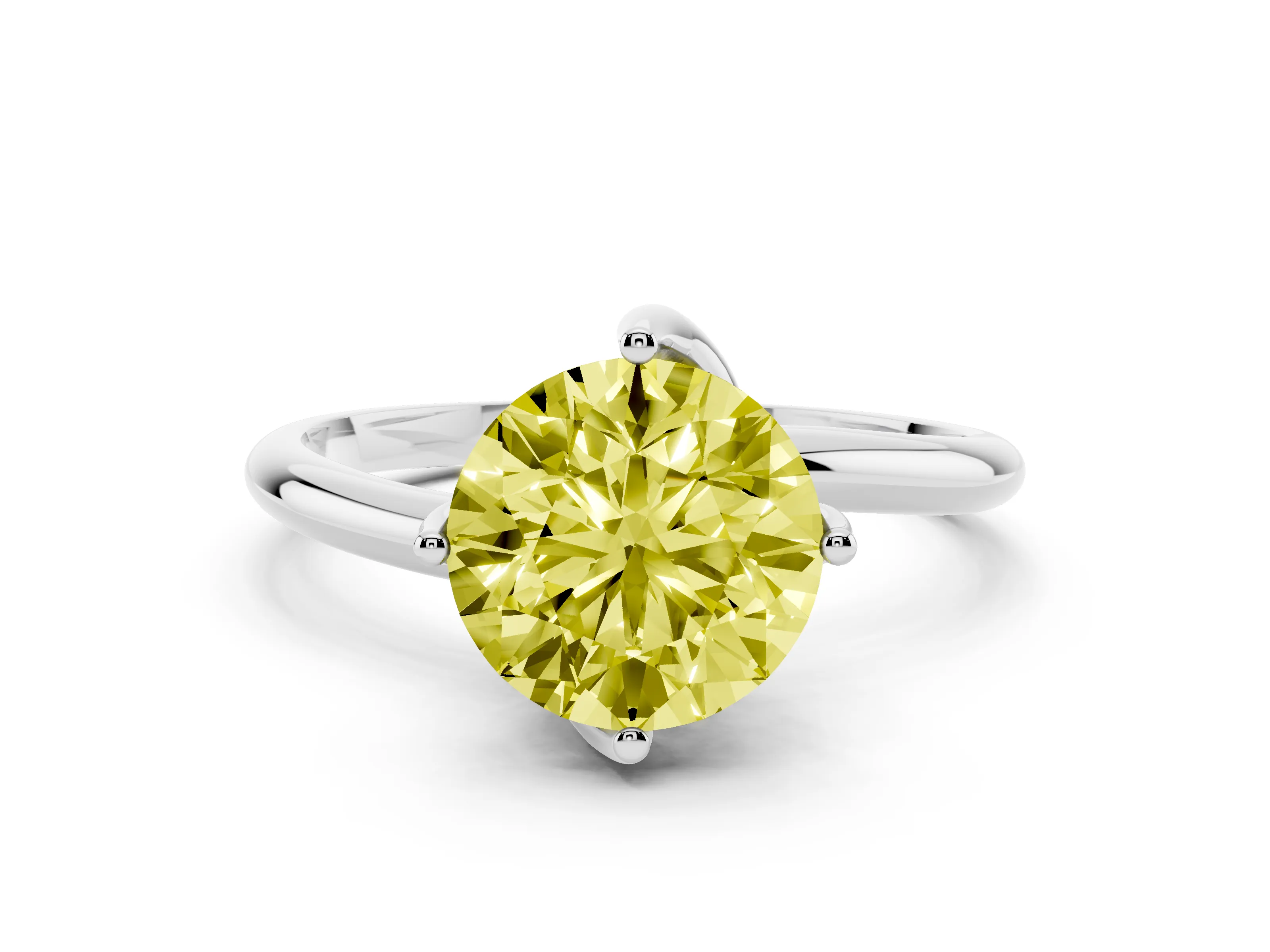 Fancy Yellow Round Cut Diamond Solitaire Engagement Ring Set in Platinum with Classic Plain Band
