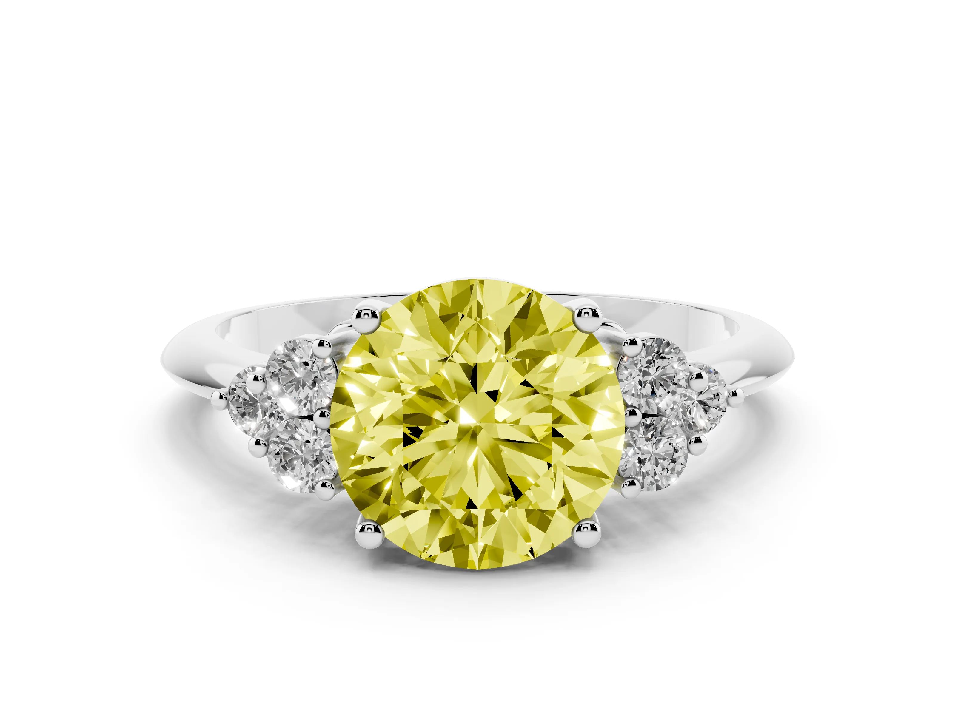 Fancy Yellow Round Cut Diamond Cluster Ring Set in Platinum with Plain Band and Prong Setting
