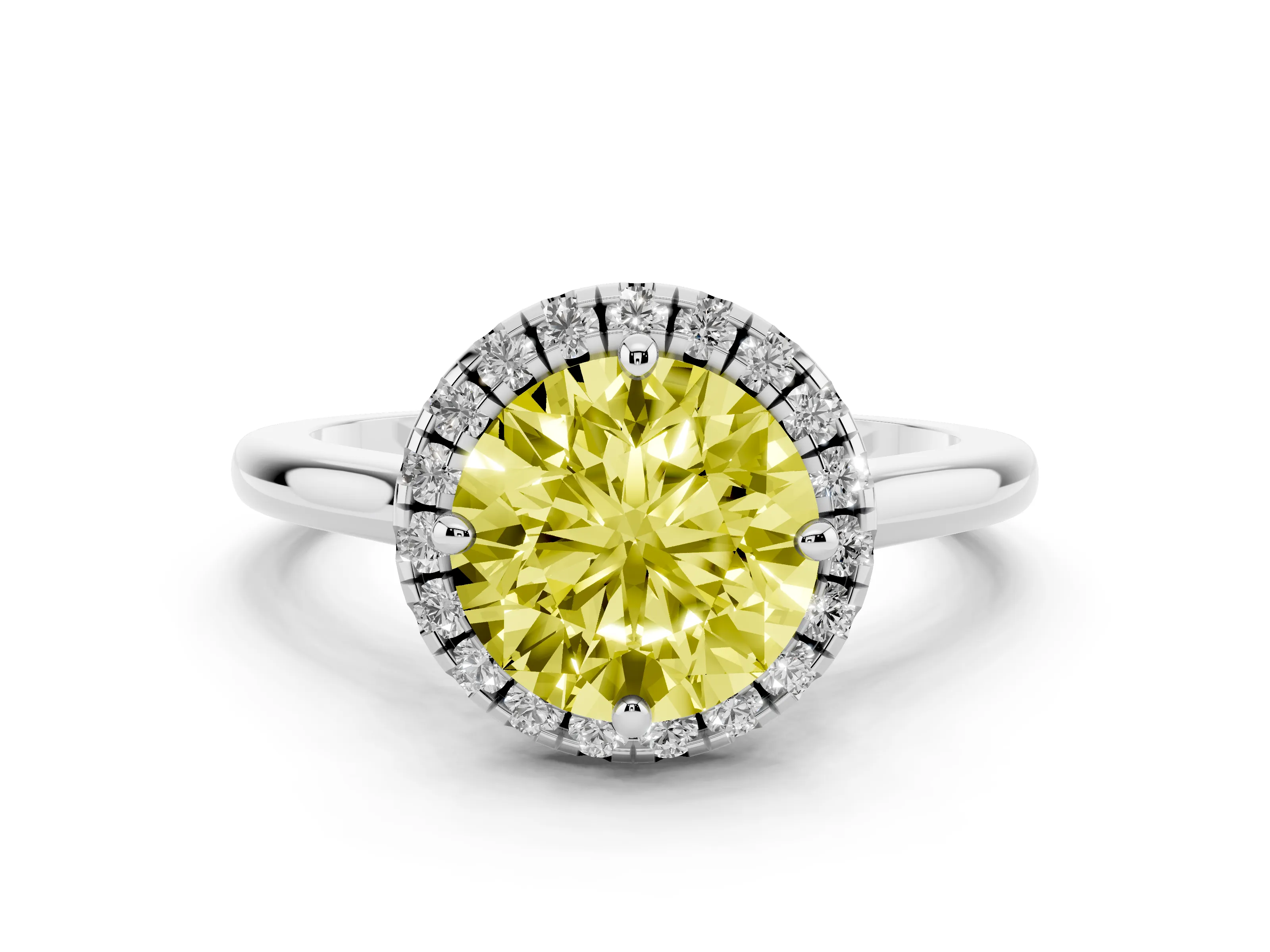 Fancy Yellow Round Cut Diamond Halo Engagement Ring Set in White gold with Pavé Band and Rising Shoulders