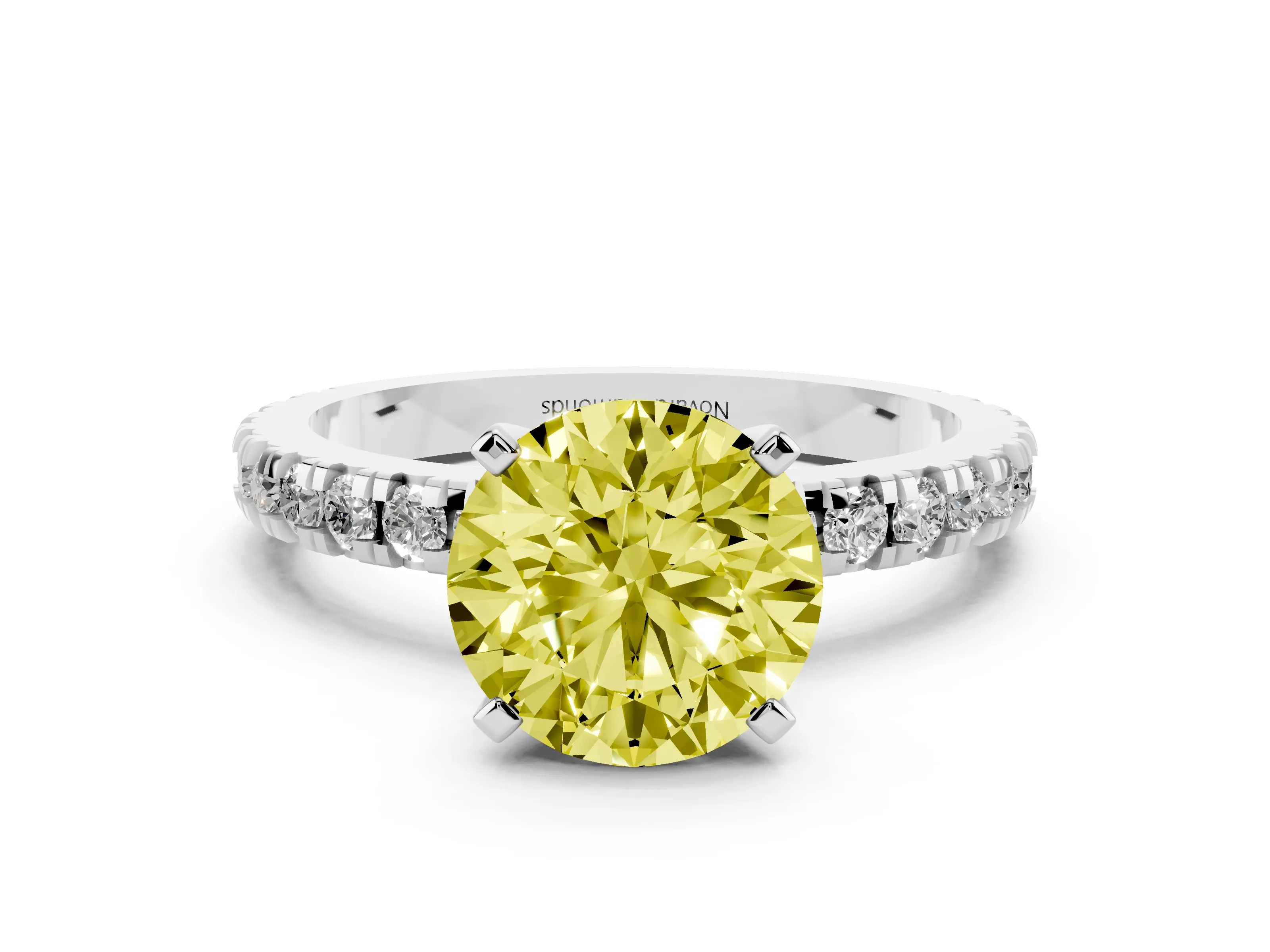 Fancy Yellow Round Cut Diamond Pavé Band Solitaire Set in White gold with Prong Setting