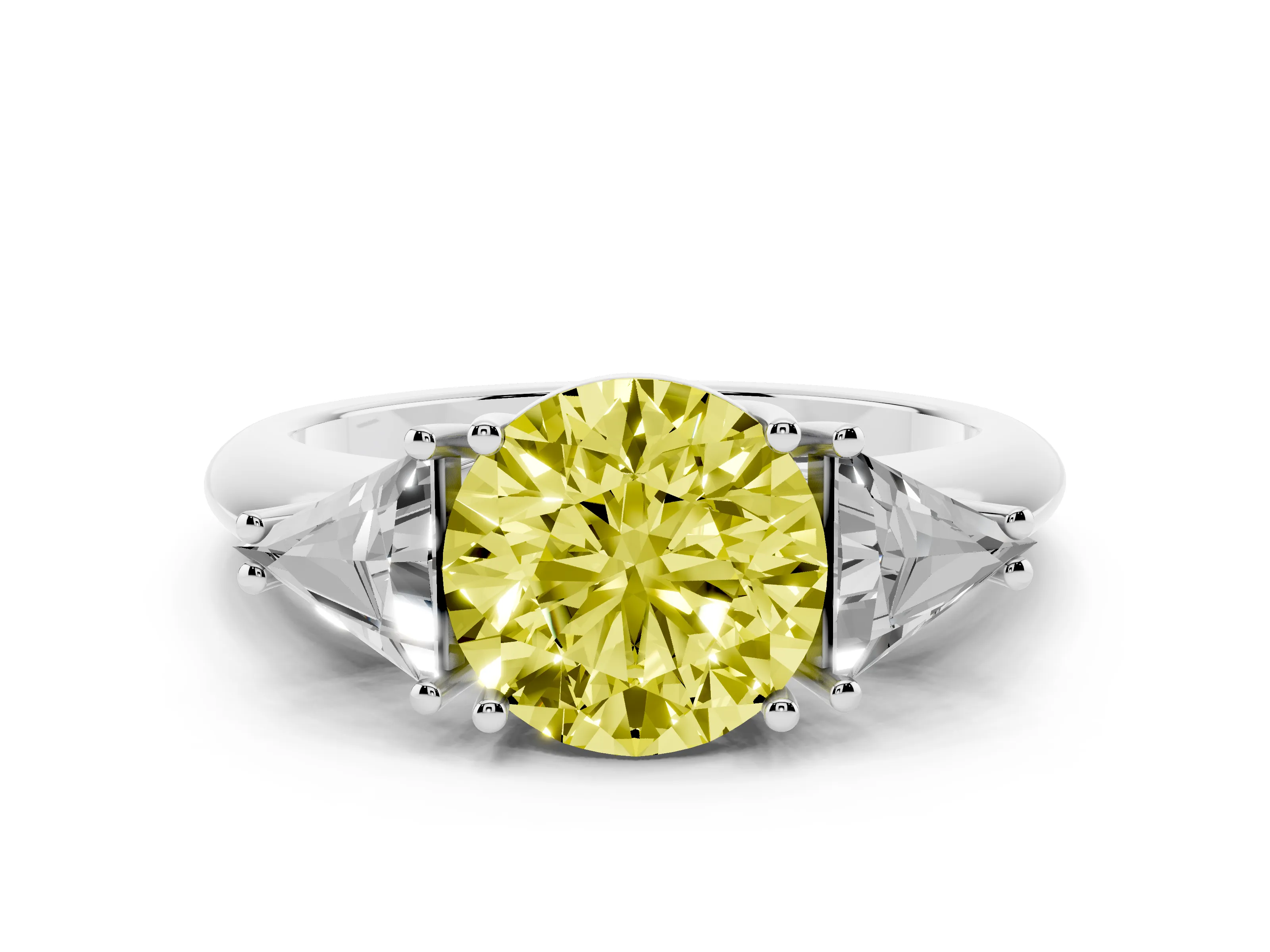 Fancy Yellow Round Cut Diamond Three-Stone Engagement Ring Set in Platinum with Trillion Side Stones