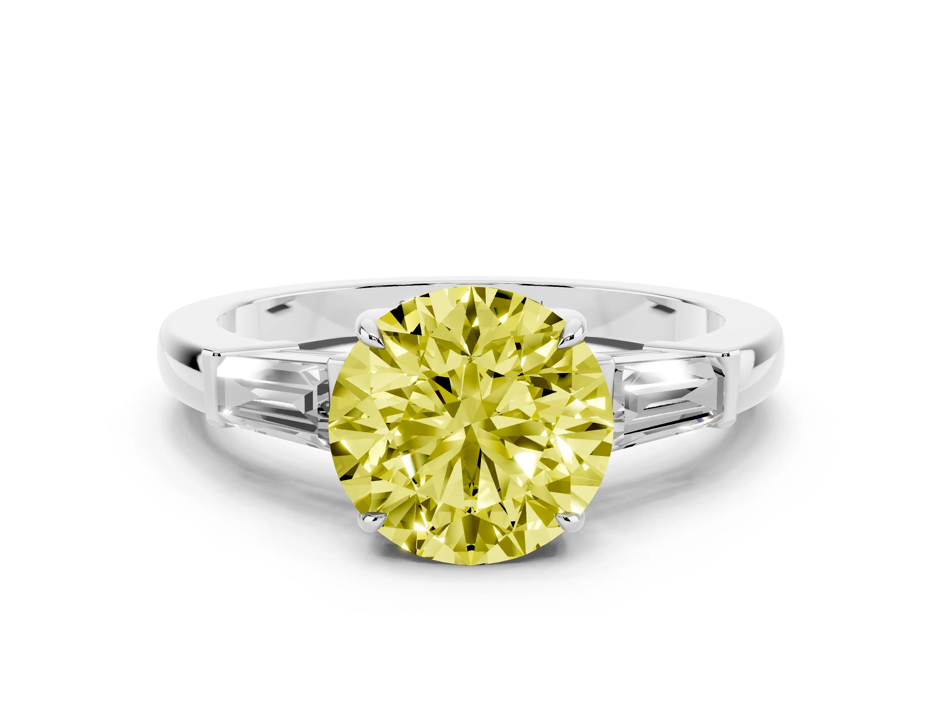 Fancy Yellow Round Cut Diamond Three-Stone Ring Set in Platinum with Tapered Baguette Side Stones and Prong Setting