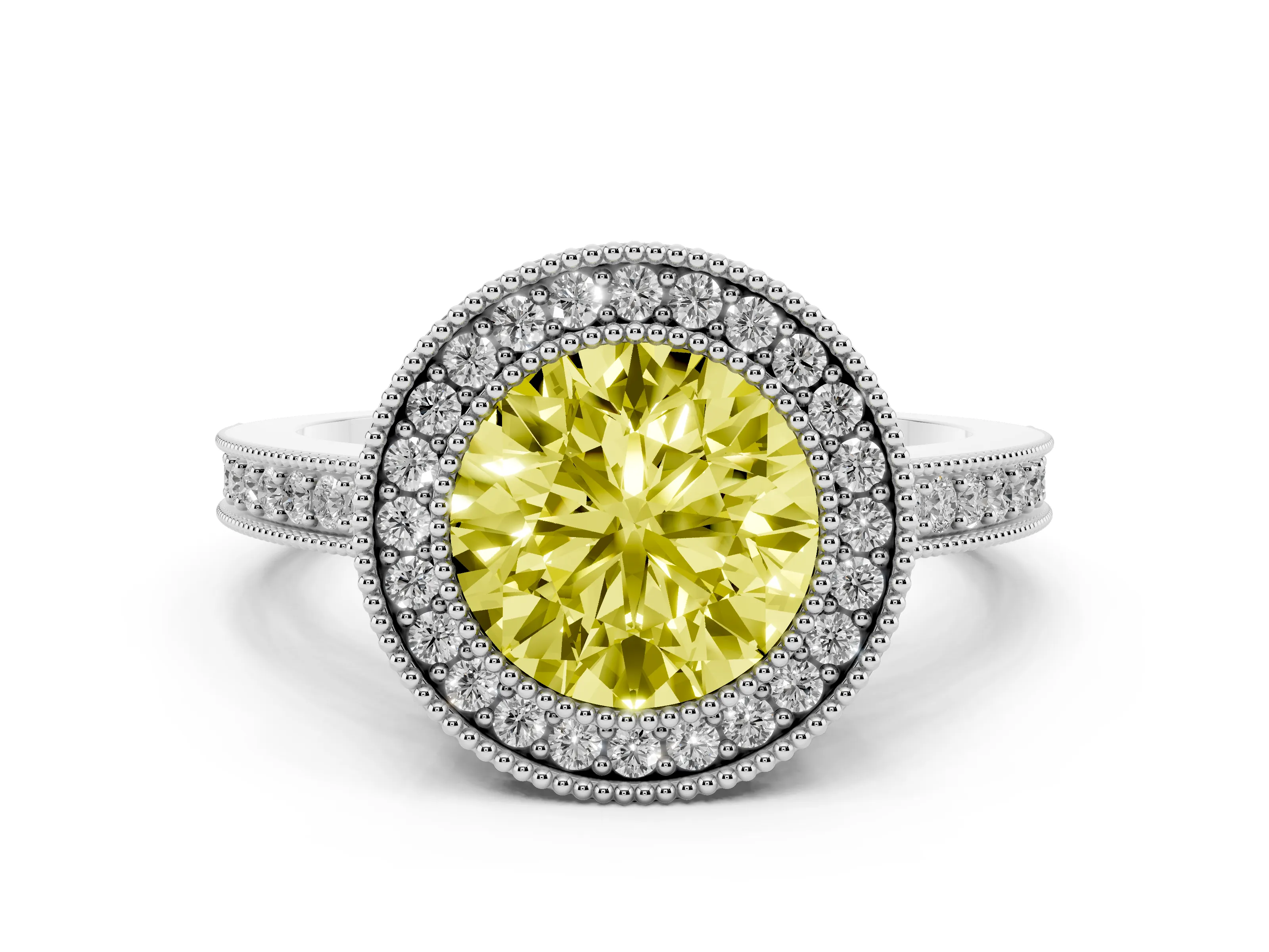 Fancy Yellow Round Cut Diamond Round Halo Ring Set in White gold with Pavé Band
