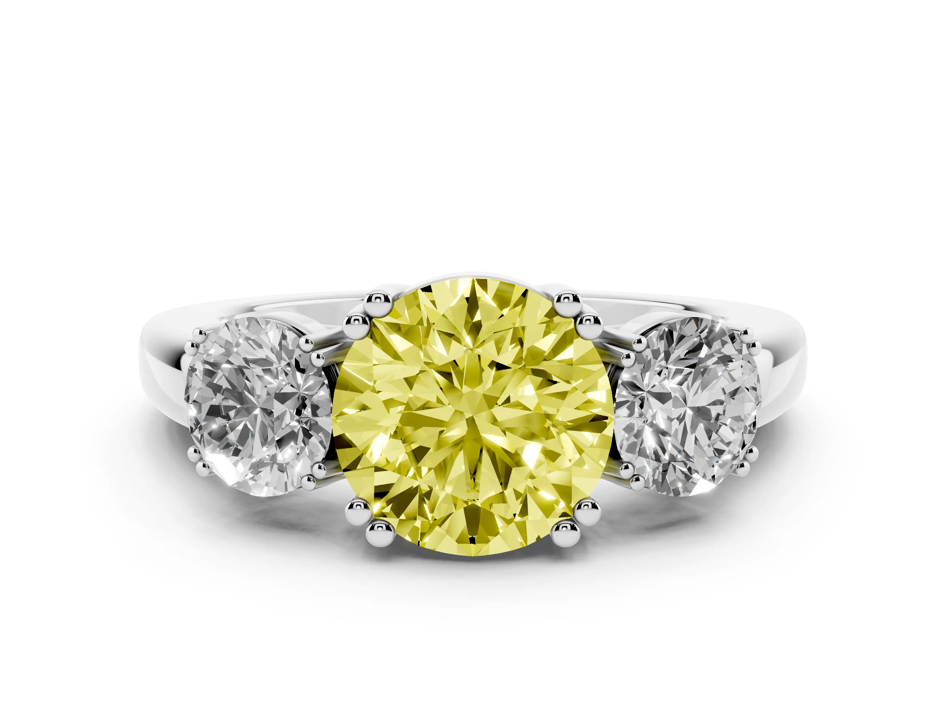 Fancy Yellow Round Cut Diamond Three-Stone Ring Set in White gold with Polished Channel-Set Band