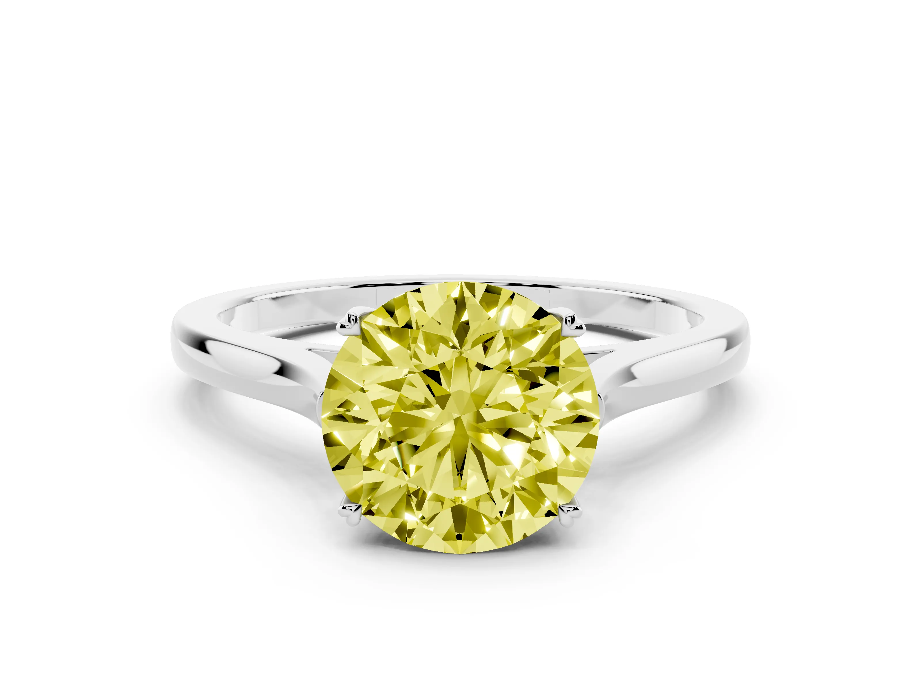 Fancy Yellow Round Cut Diamond Solitaire Heart Prong Engagement Ring Set in Platinum with Tapered Band