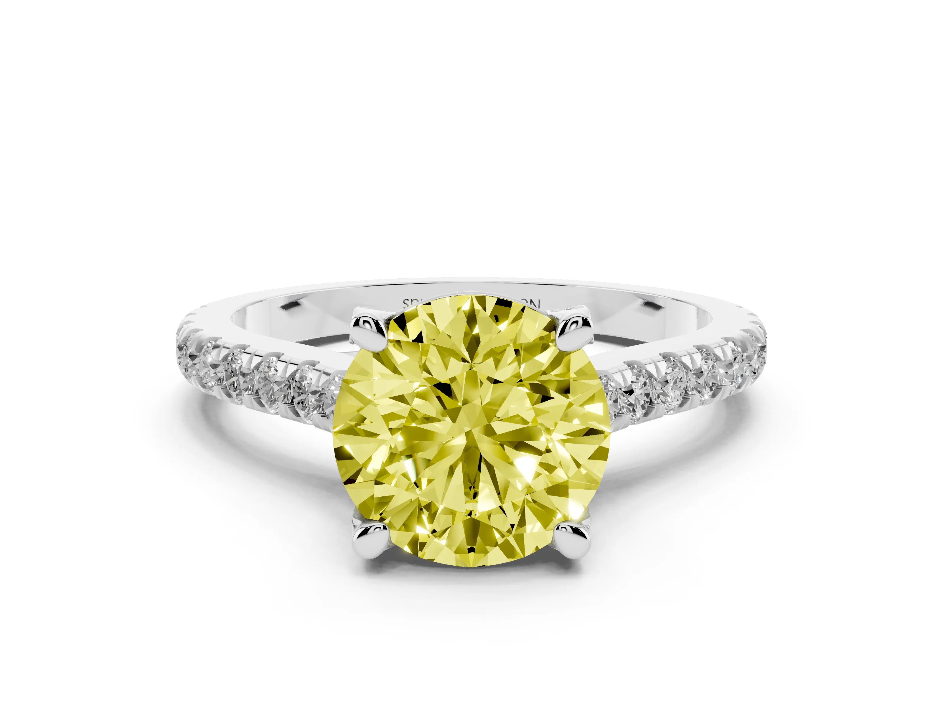 Fancy Yellow Round Cut Diamond Solitaire Ring Set in Platinum with Brilliant Pavé Band and Prong Setting