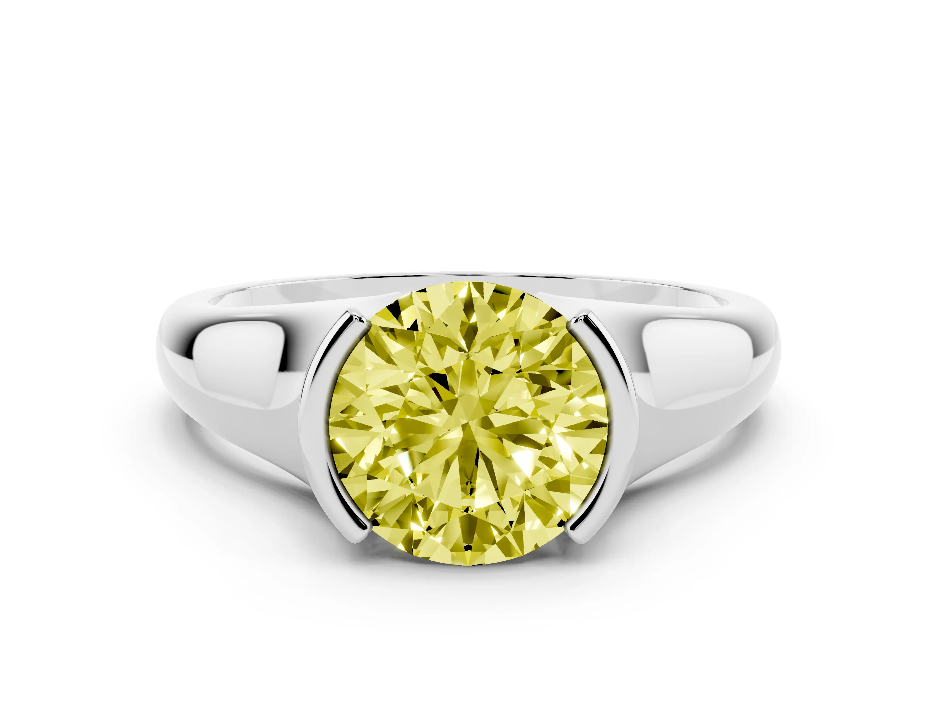 Fancy Yellow Round Cut Diamond Solitaire Tension Set Ring Set in Silver with Split Shank Band