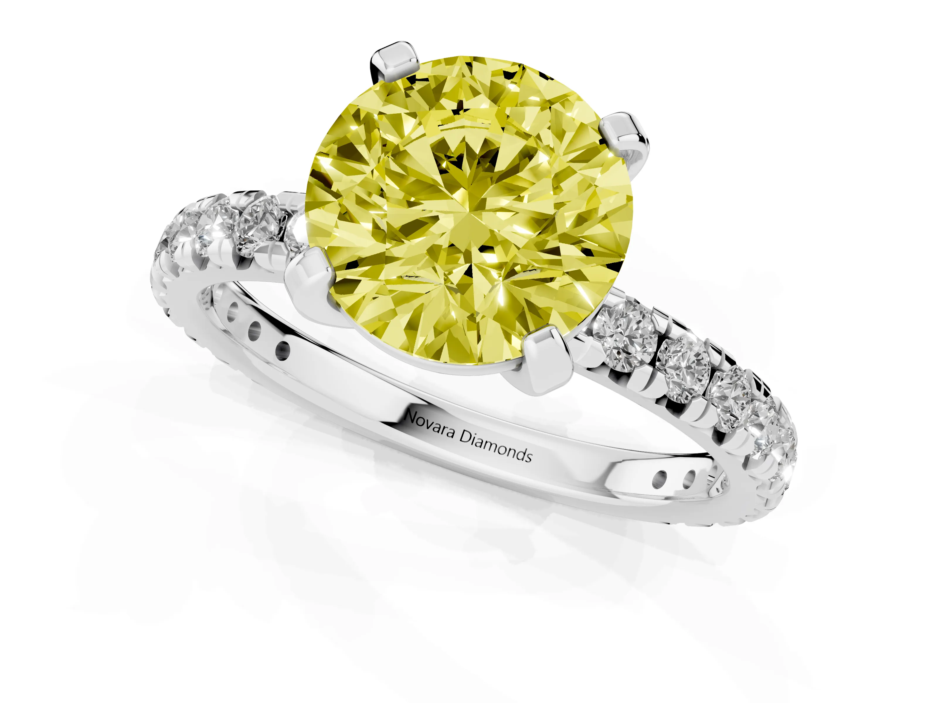 Fancy Yellow Round Cut Diamond Pavé Solitaire Ring Set in Silver with Round Band and Prong Setting – second view