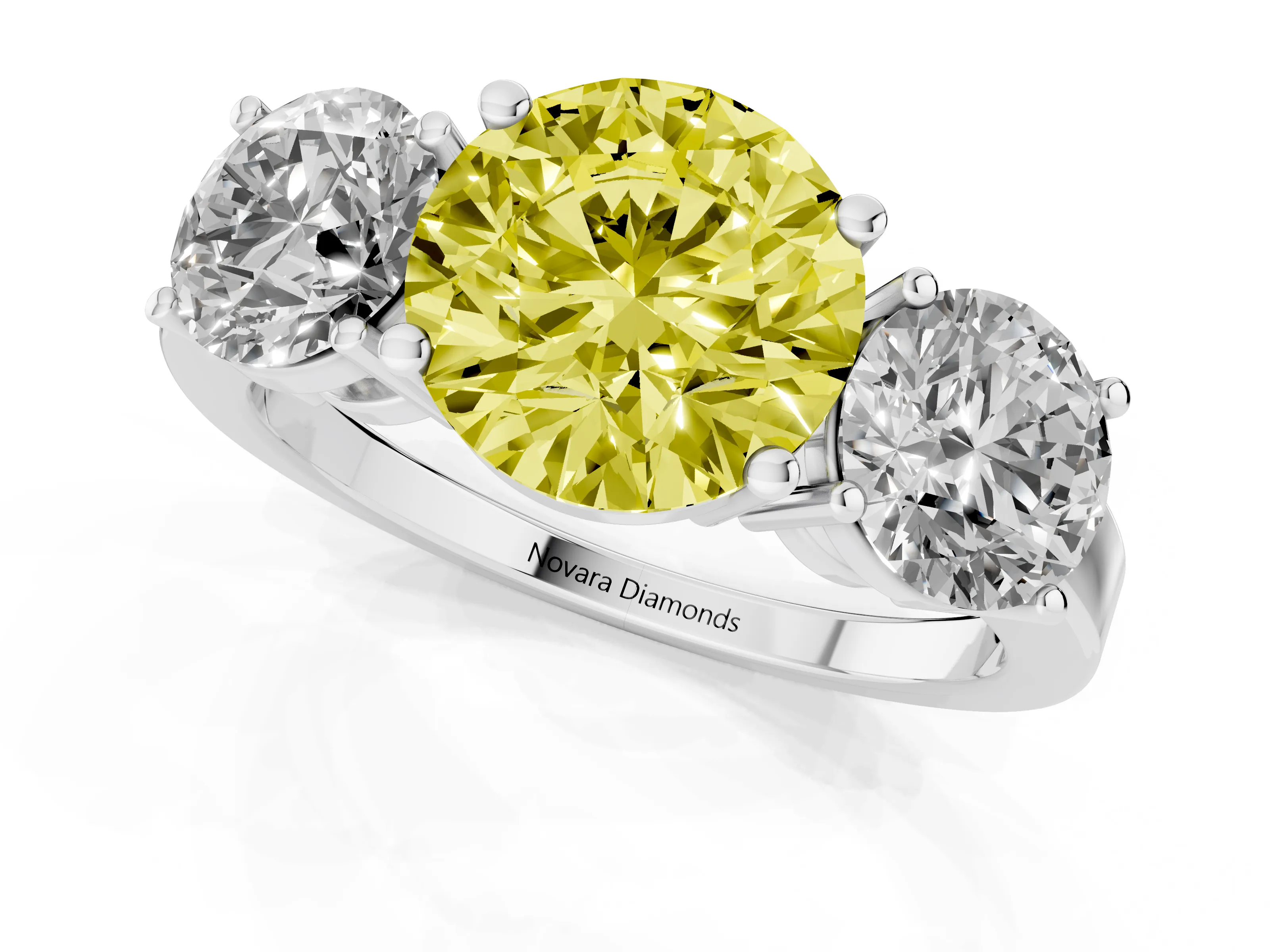 Fancy Yellow Round Cut Diamond Three-Stone Engagement Ring Set in Platinum with Flat Band