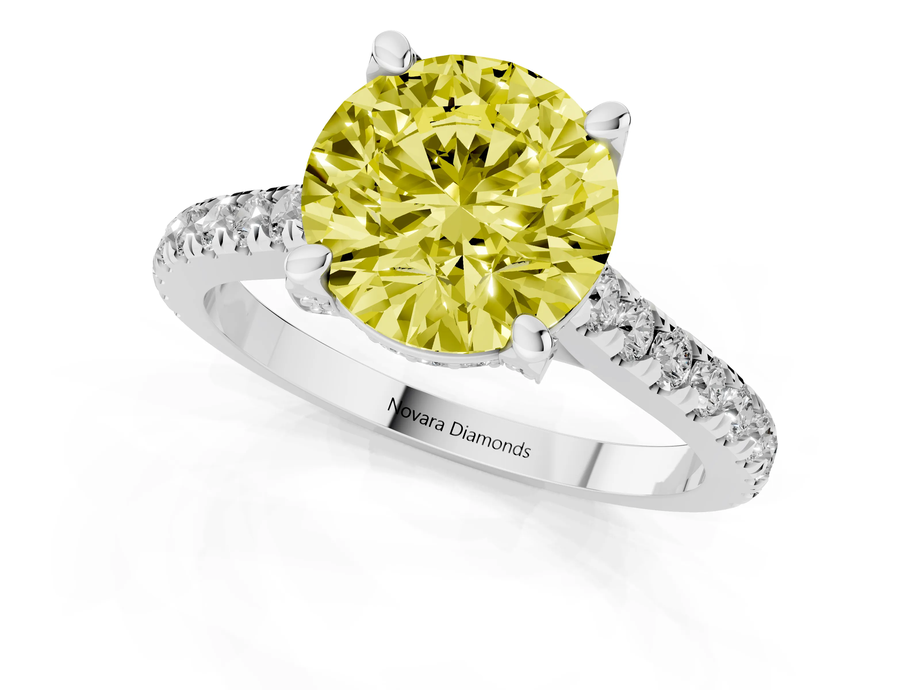 Fancy Yellow Round Cut Diamond Solitaire Ring Set in Platinum with Brilliant Pavé Band and Prong Setting