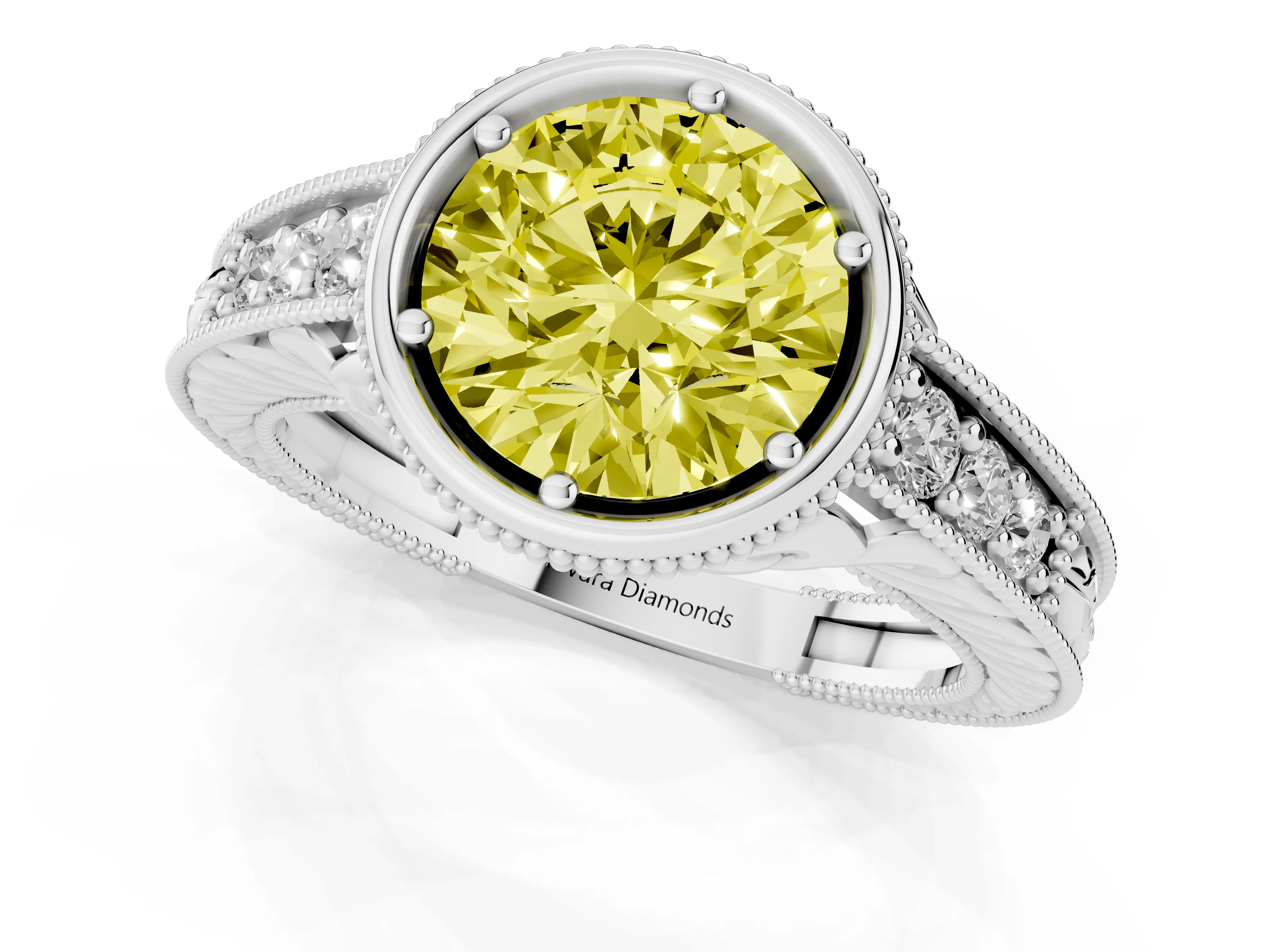 Fancy Yellow Bezel Set Round Cut Diamond Milgrain Pavé Engagement Ring Set in Silver