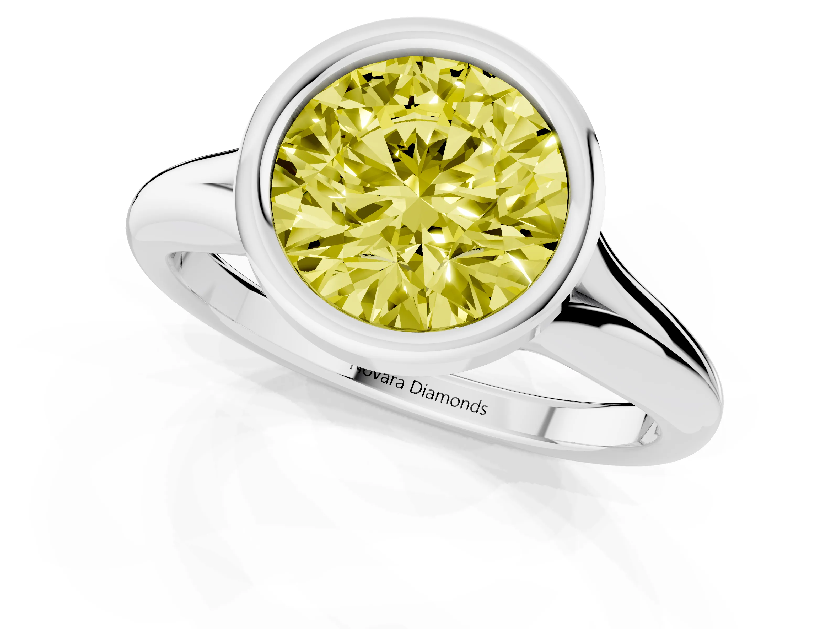 Fancy Yellow Bezel Set Round Cut Diamond Solitaire Ring Set in White gold with Smooth Band