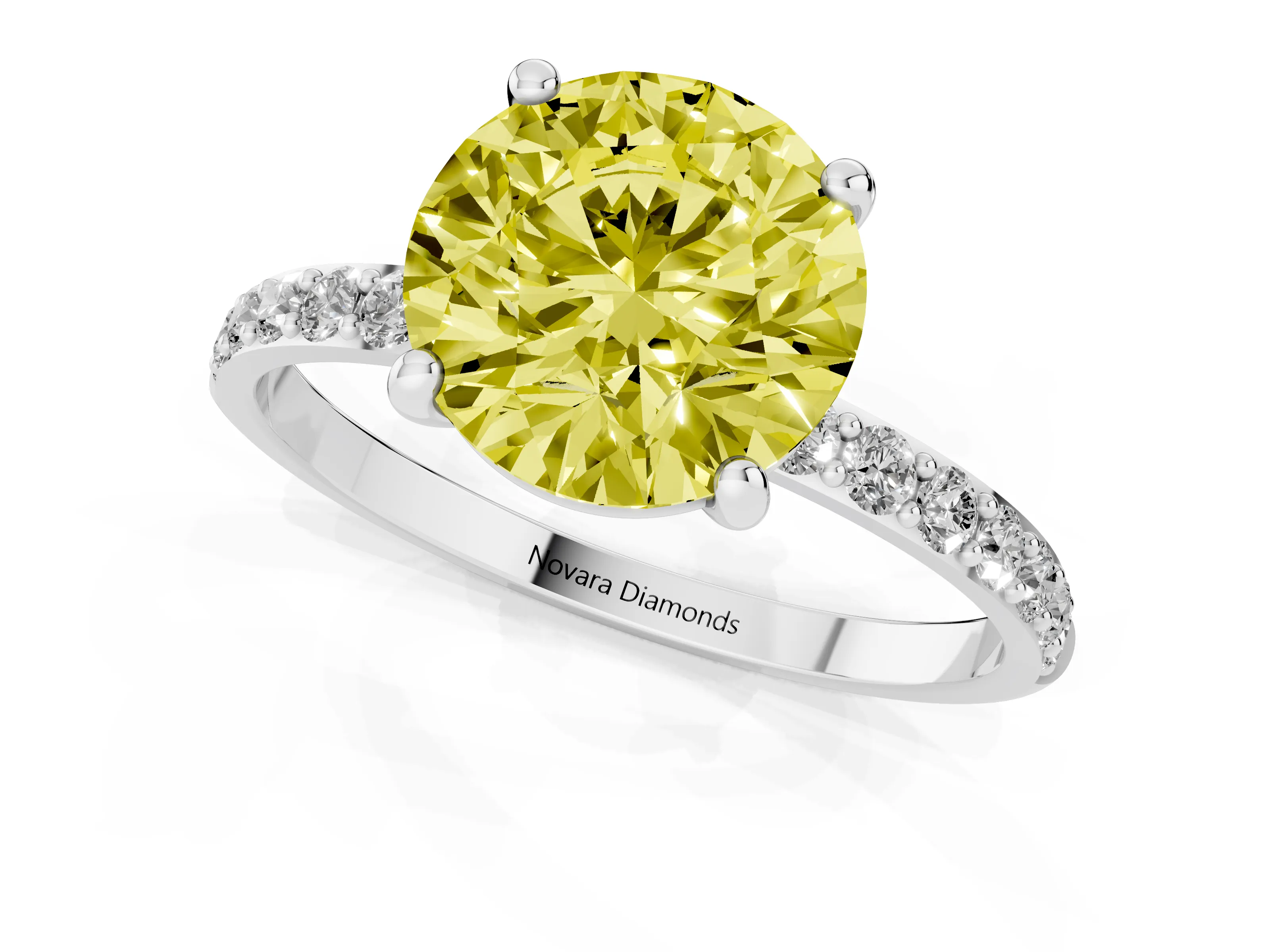Fancy Yellow Round Cut Diamond Solitaire Ring Set in Platinum with Round Pavé Band and Prong Setting