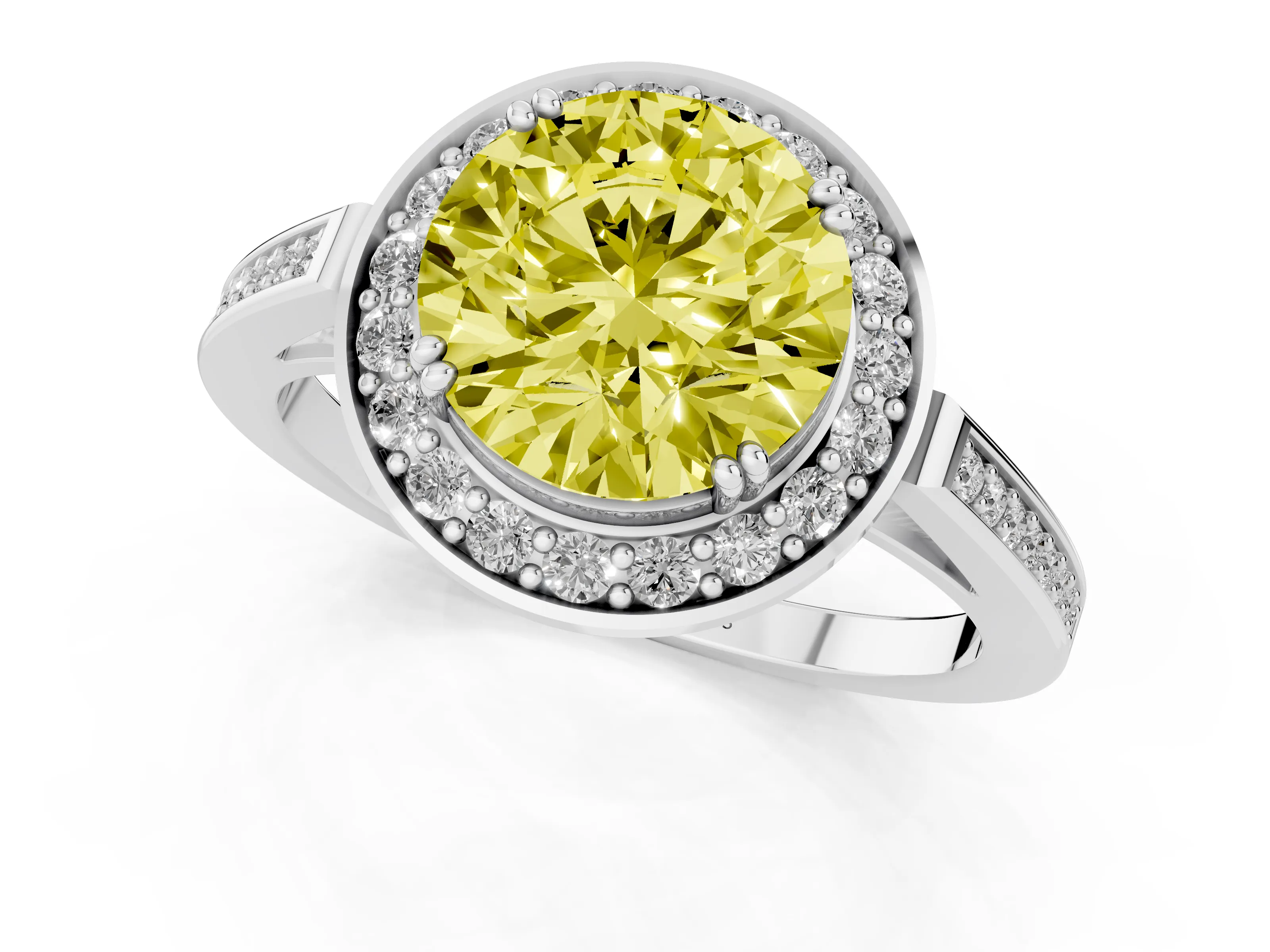 Fancy Yellow Round Cut Diamond Halo Ring Set in Silver with Accent-Lined Split Shank and Prong Setting