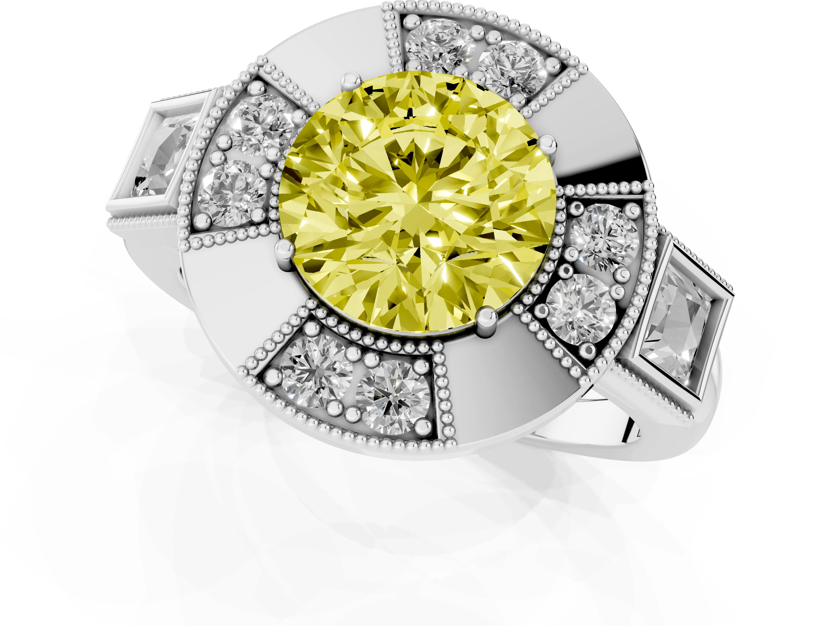 Fancy Yellow Round Cut Diamond Milgrain Halo Ring Set in Platinum with Split Shank