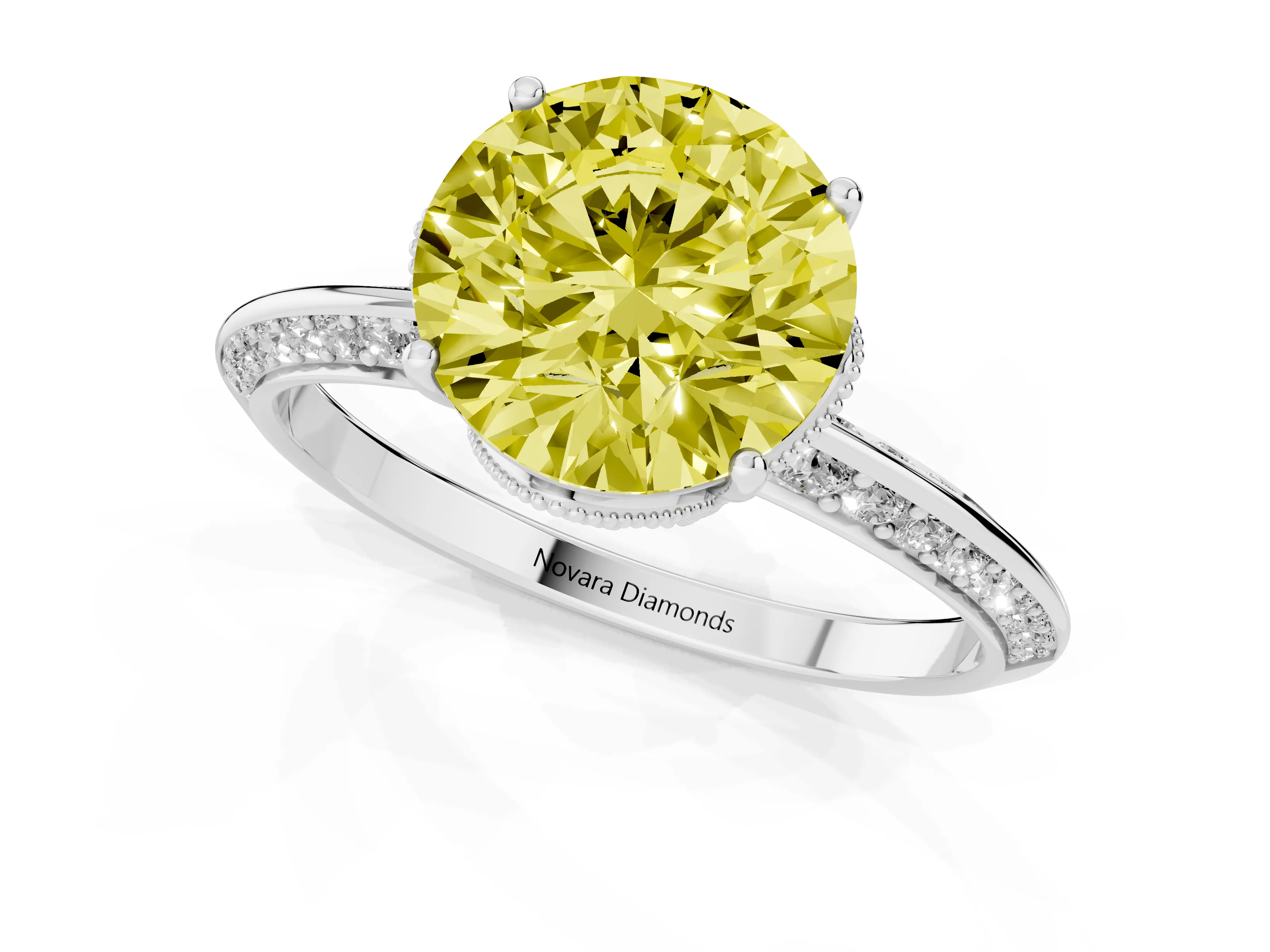 Fancy Yellow Round Cut Diamond Solitaire Engagement Ring Set in Silver with Pavé Split Shank and Prong Setting