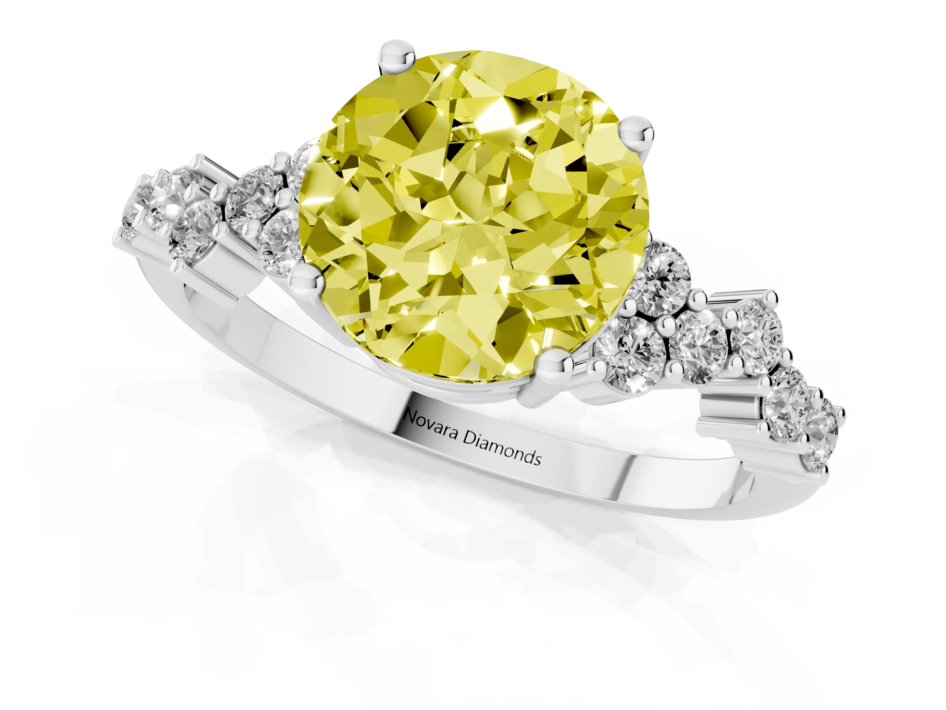 Fancy Yellow Round Cut Diamond Ring Set in White gold with Scattered Round Accents