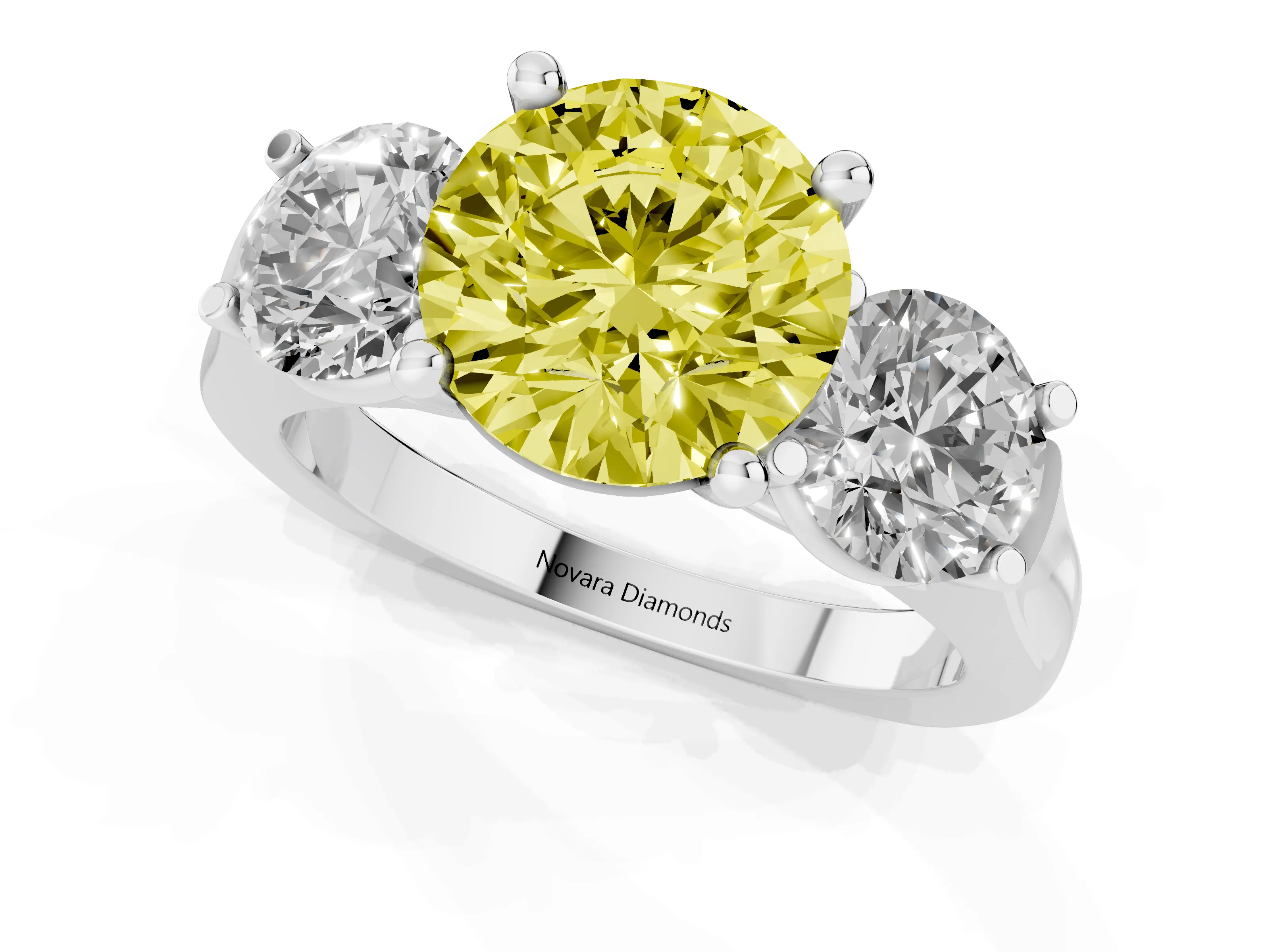 Fancy Yellow Round Cut Diamond Three-Stone Trellis Ring Set in Platinum with Comfort Fit Band