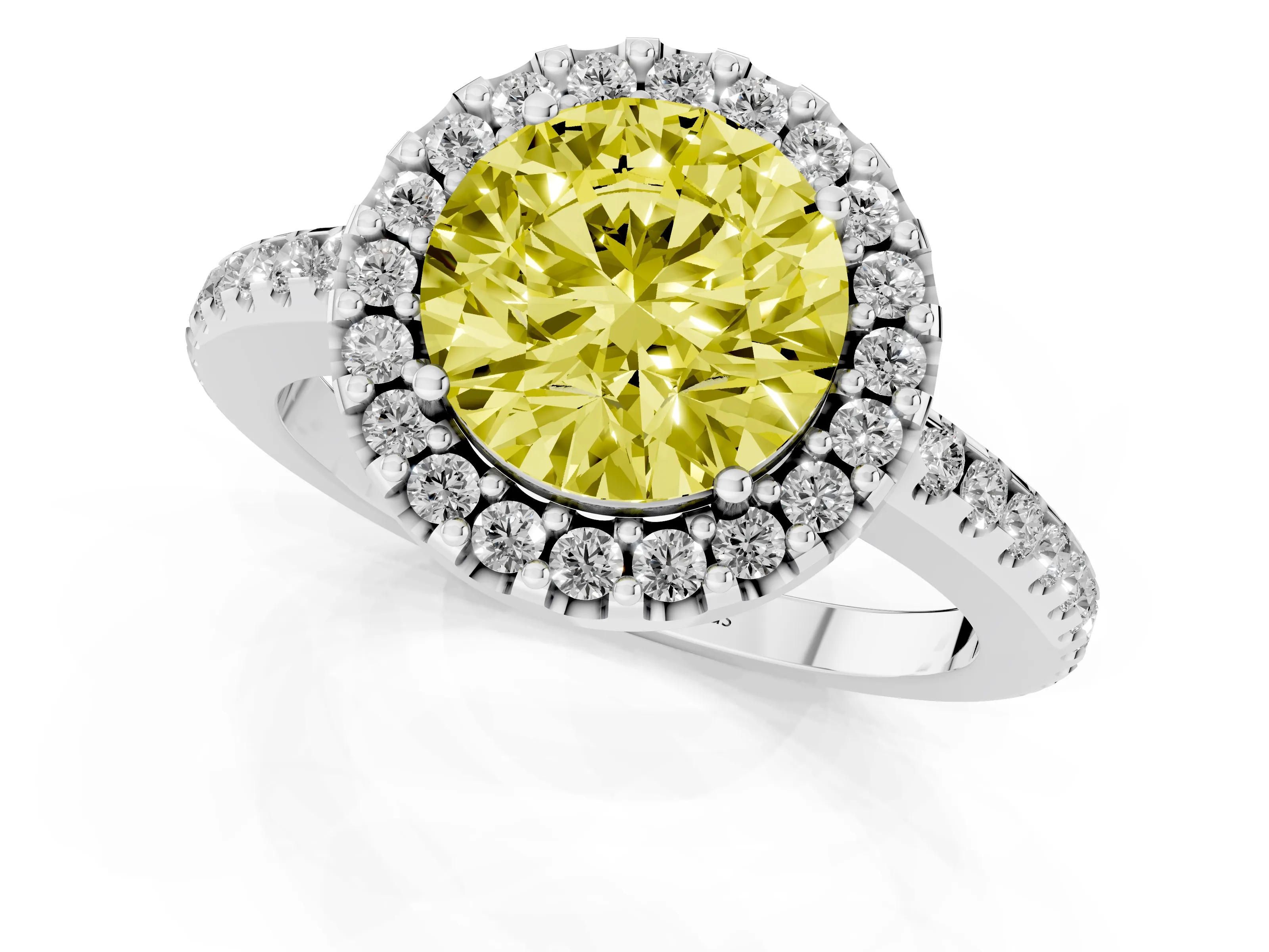 Fancy Yellow Round Cut Diamond Pavé Halo Ring Set in Silver with Prong Setting