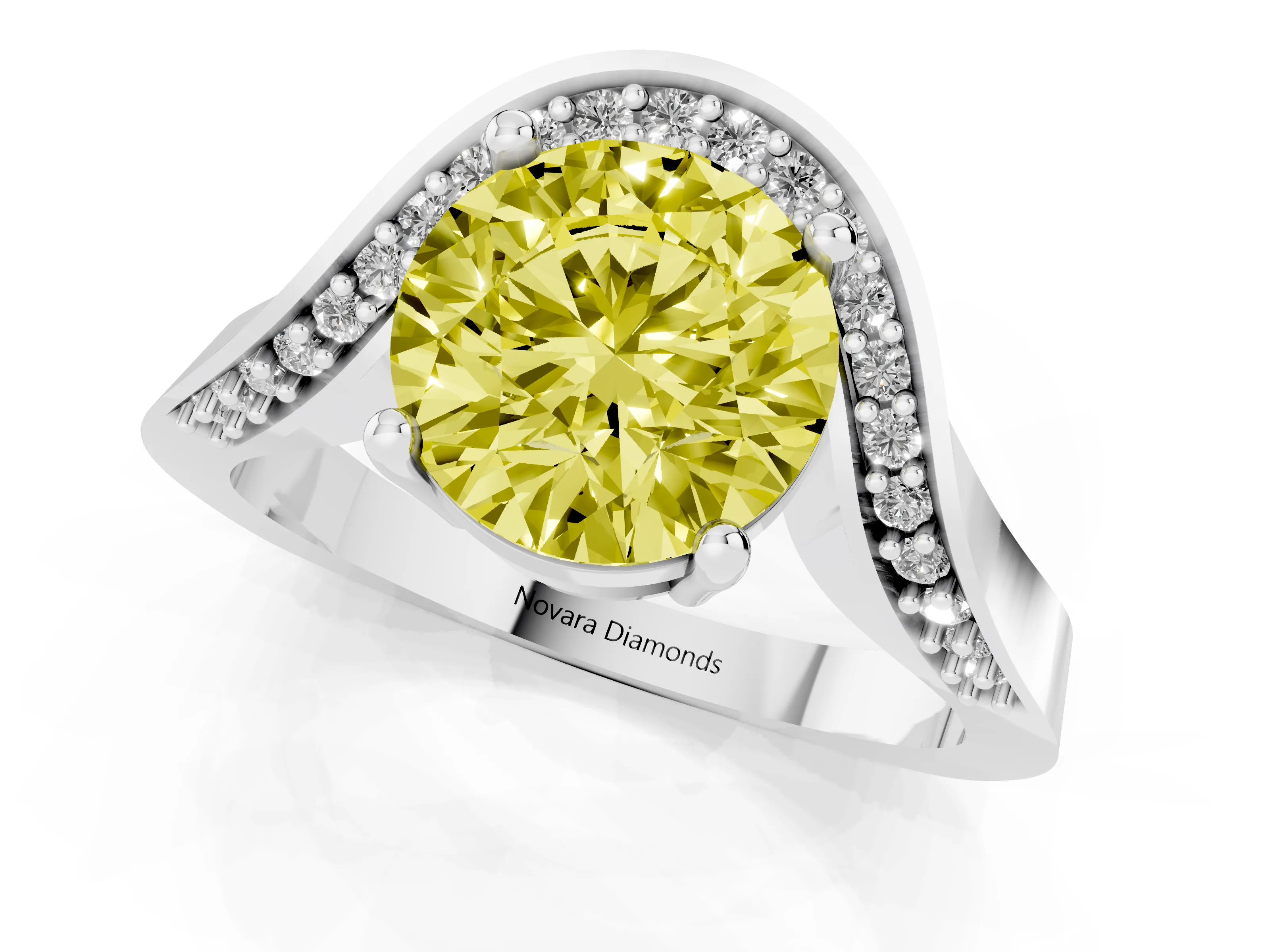Fancy Yellow Round Cut Diamond Solitaire Engagement Ring Set in Silver with Pavé Shoulders – second view