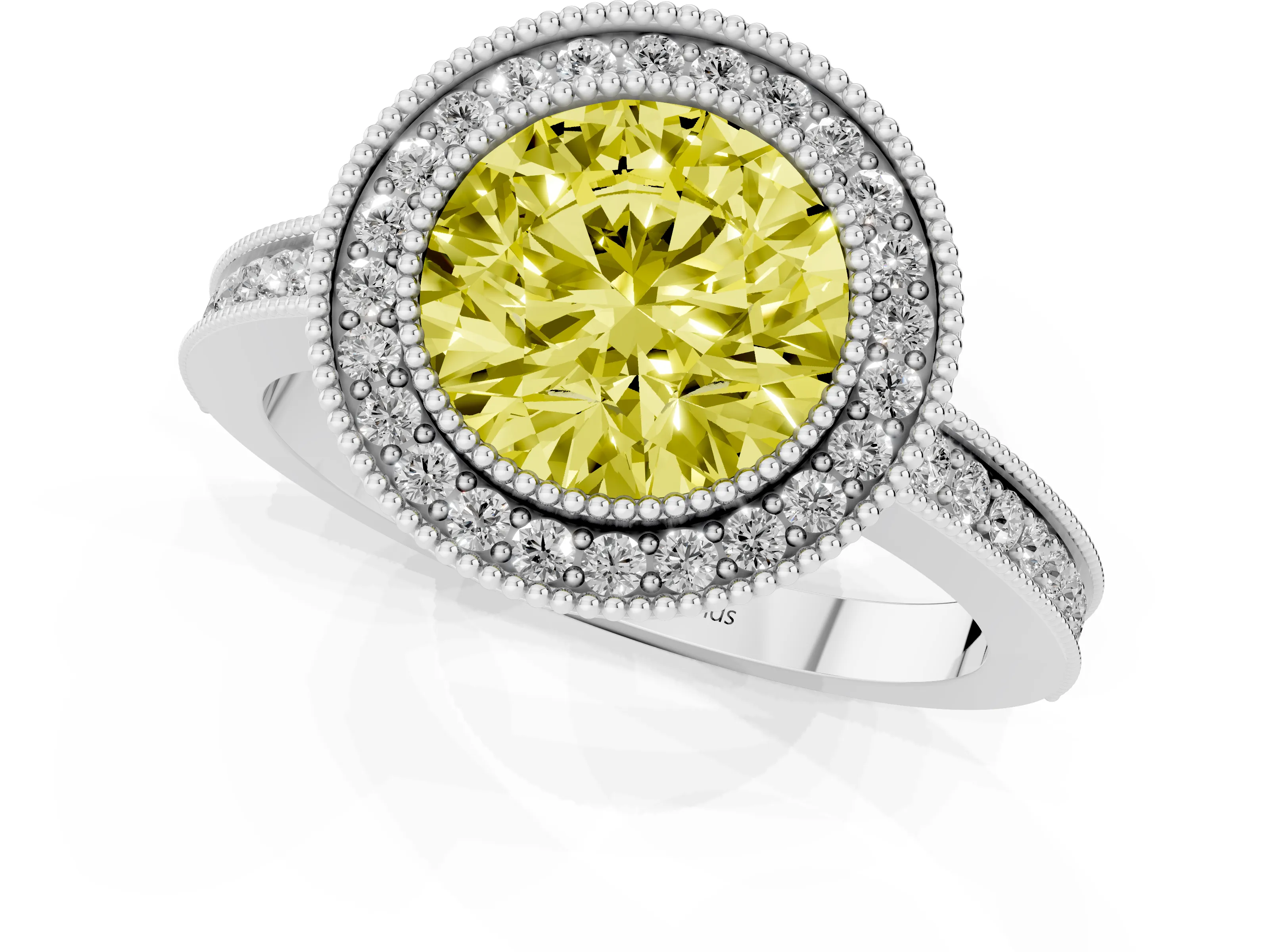 Fancy Yellow Round Cut Diamond Halo Ring Set in White gold with Pavé Band and Milgrain-Edged Prongs
