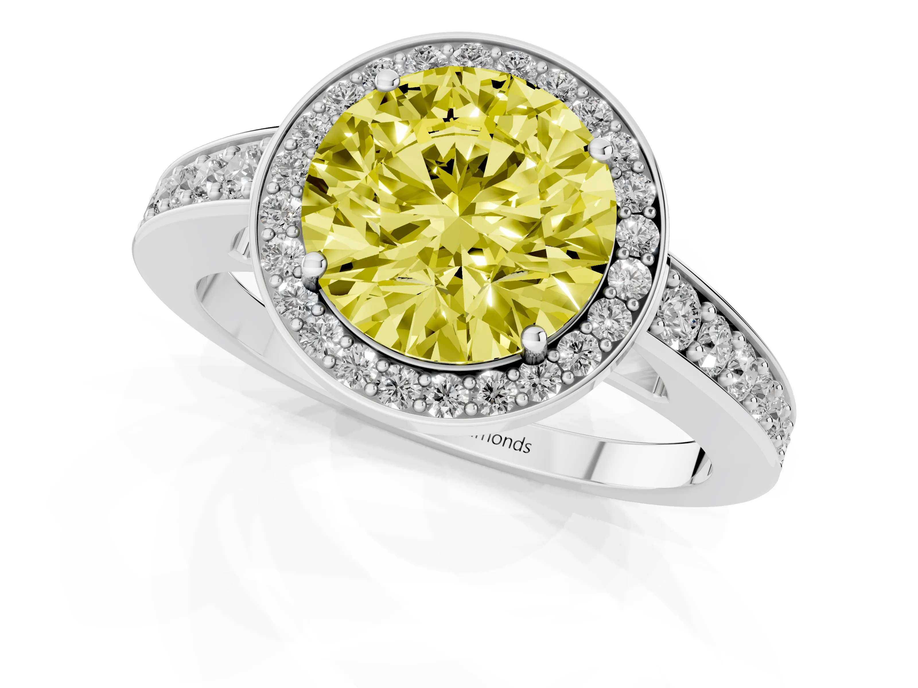 Fancy Yellow Round Cut Diamond Halo Pavé Engagement Ring Set in Platinum with Bezel Setting