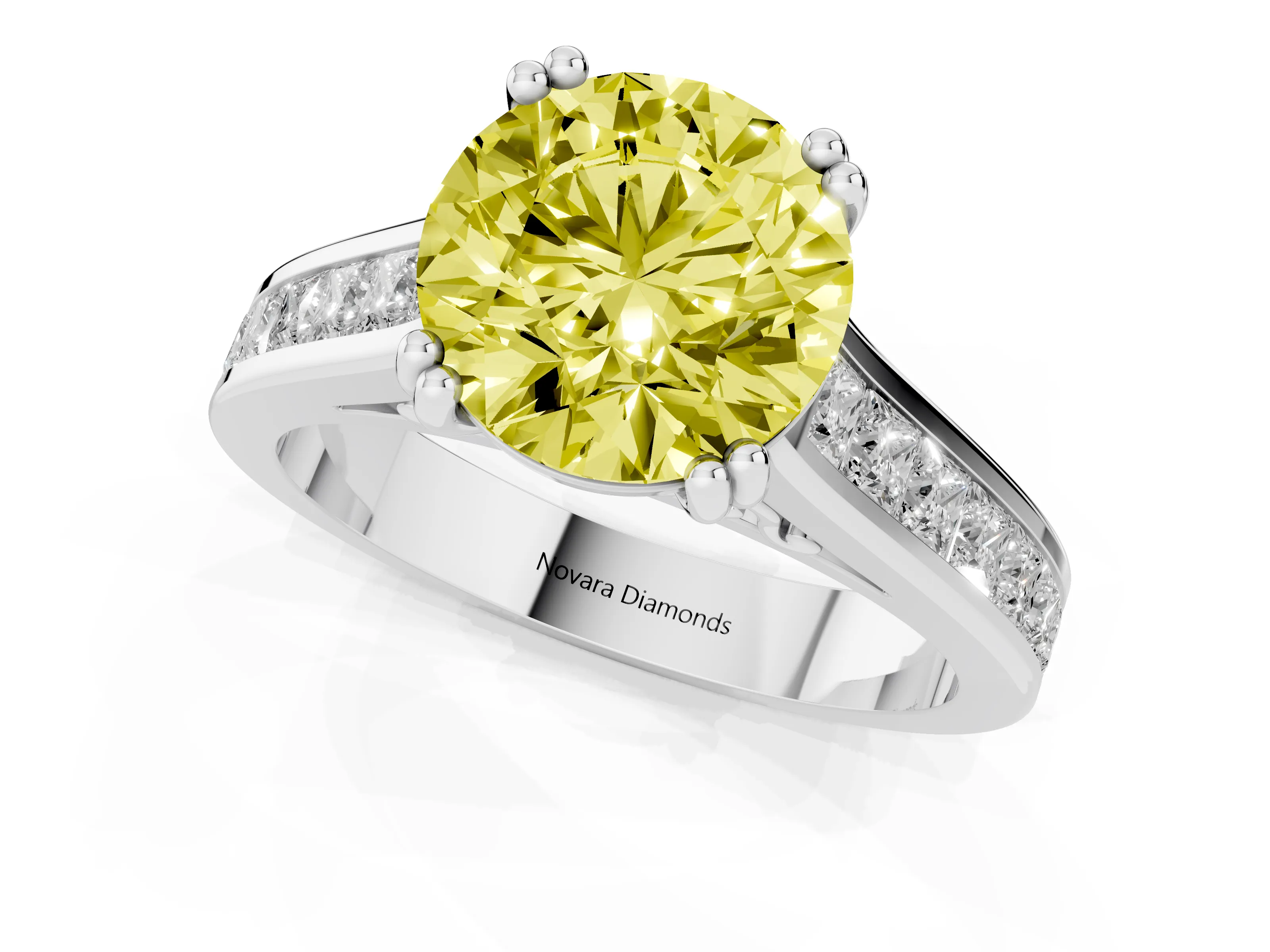 Fancy Yellow Round Cut Diamond Channel Set Solitaire Engagement Ring Set in Platinum with Prong Setting