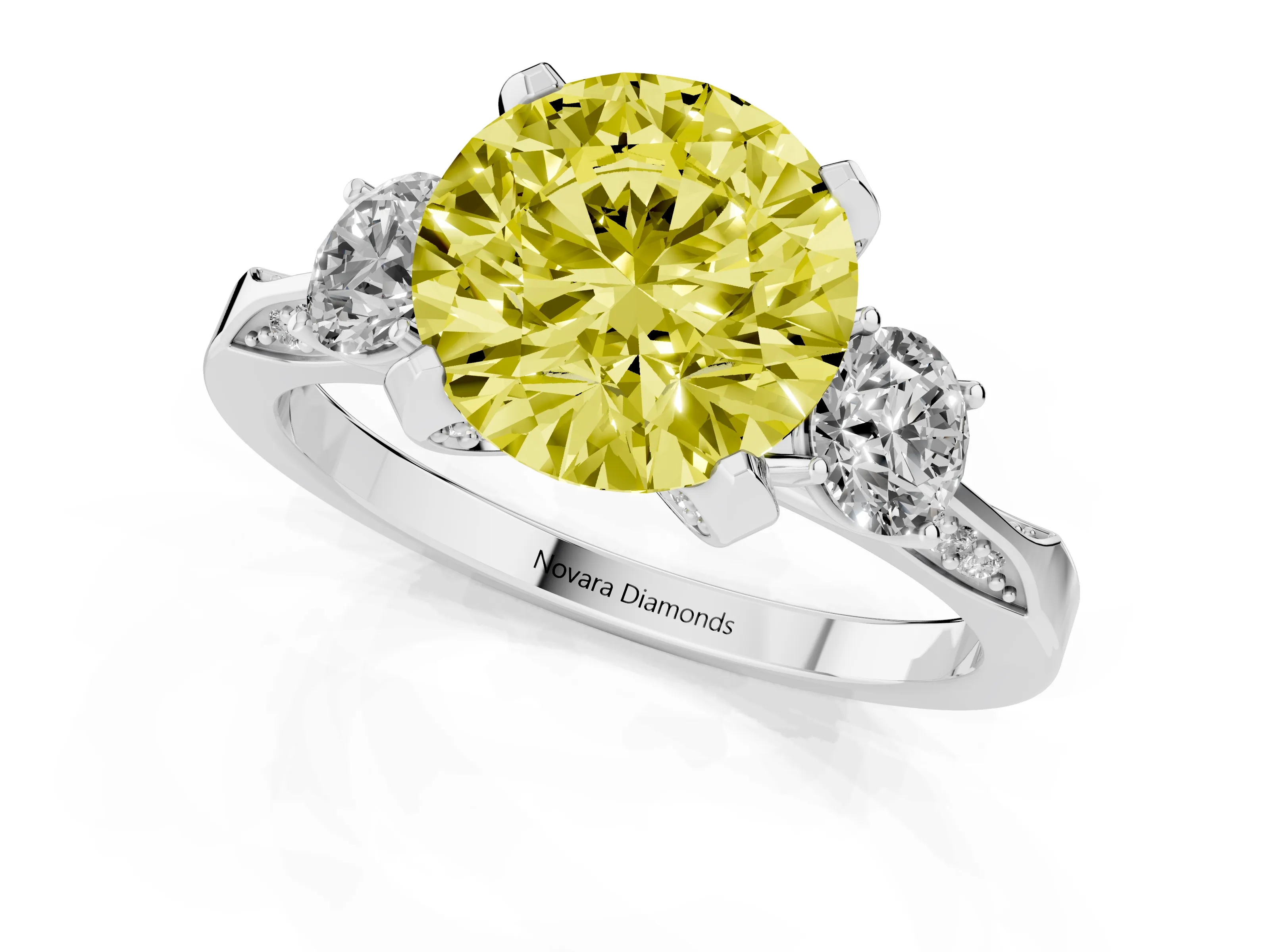Fancy Yellow Round Cut Diamond Three-Stone Ring Set in White gold with Pavé Band and Smaller Side Stones – second view