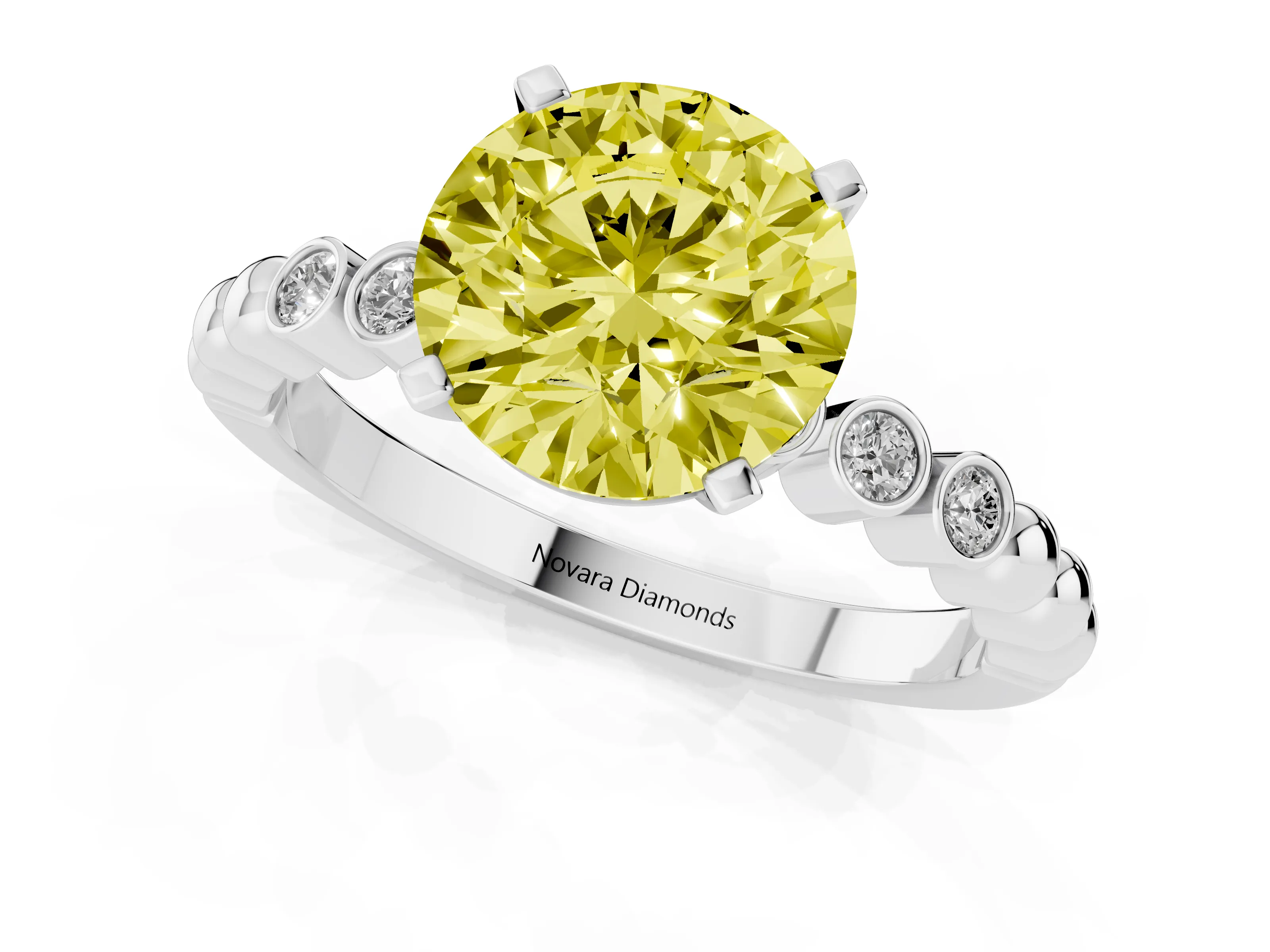 Fancy Yellow Round Cut Diamond Solitaire Engagement Ring Set in White gold with Bezel Accents on Beaded Band