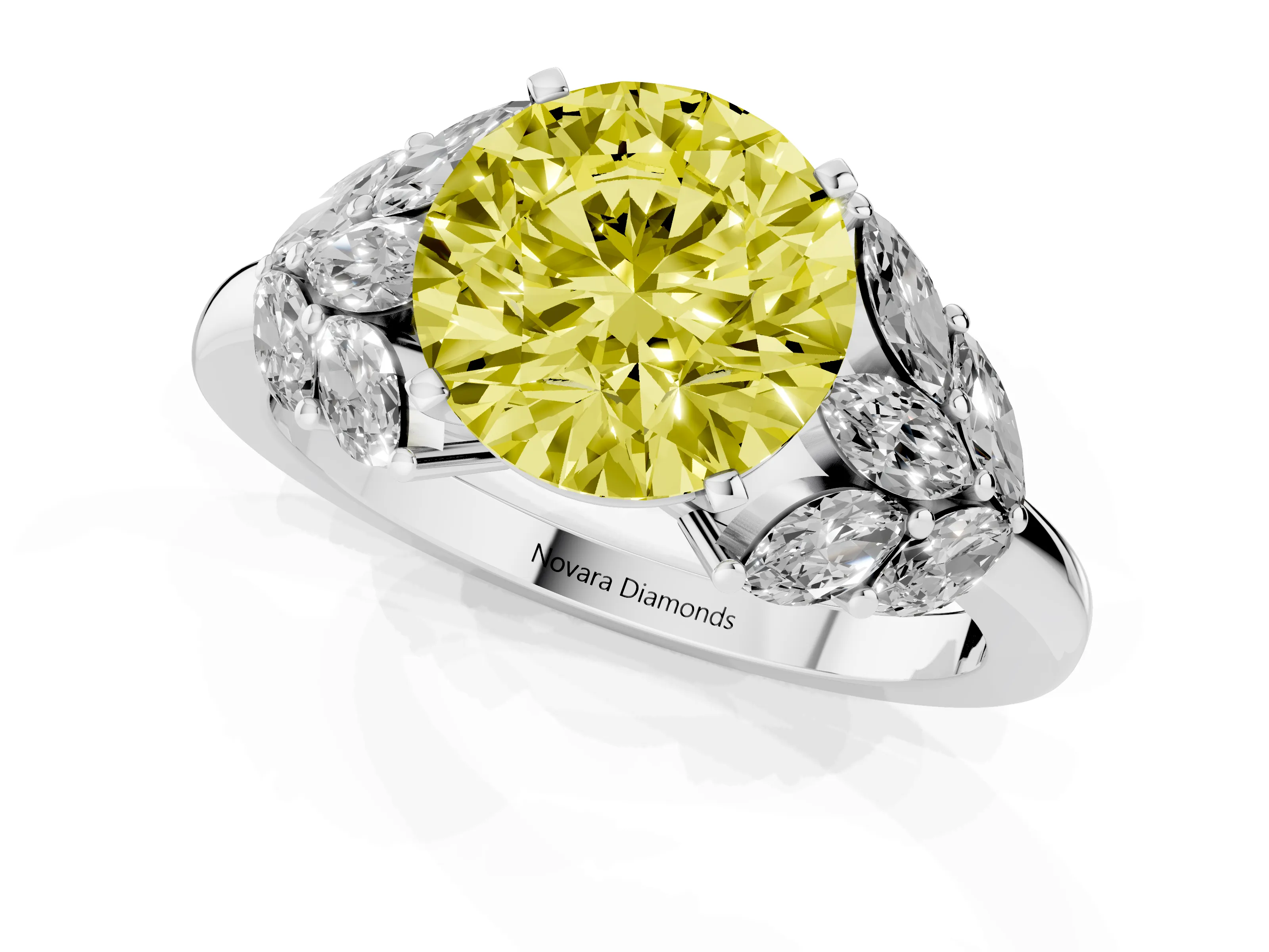 Fancy Yellow Round Cut Diamond Cluster Leaf Design Ring Set in Platinum with Prong Setting