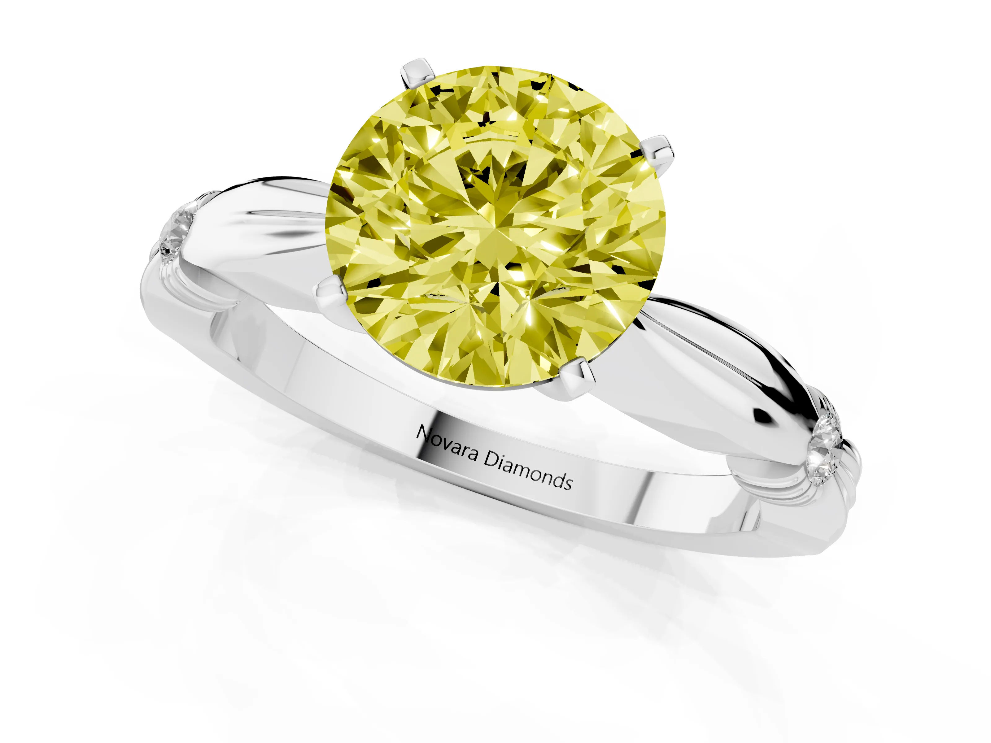 Fancy Yellow Round Cut Diamond Solitaire Twisted Band Ring Set in White gold with Accent Stones and Prong Setting – second view
