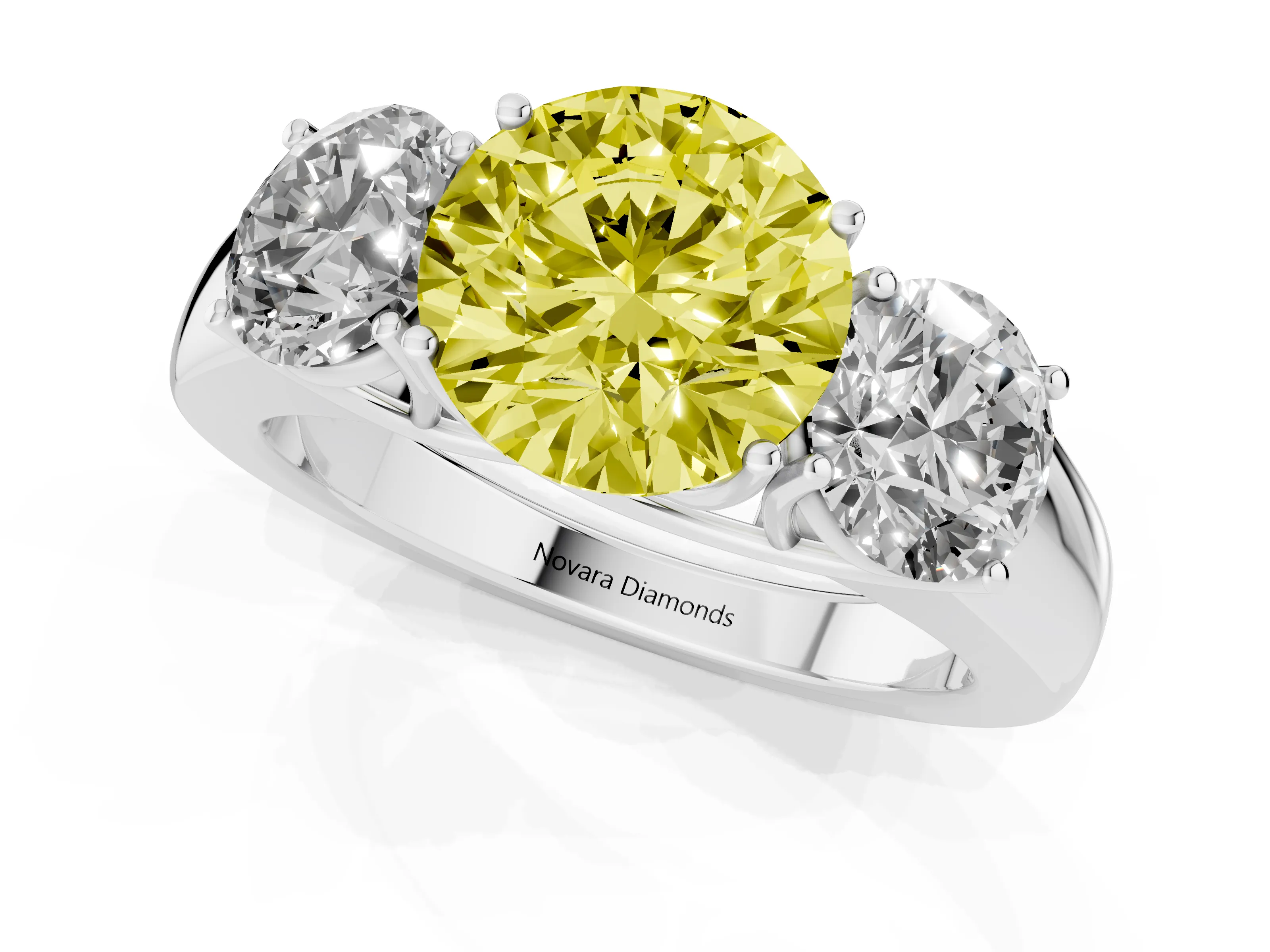 Fancy Yellow Three-Stone Round Cut Diamond Ring Set in White gold with Matching Prong Settings and Plain Band