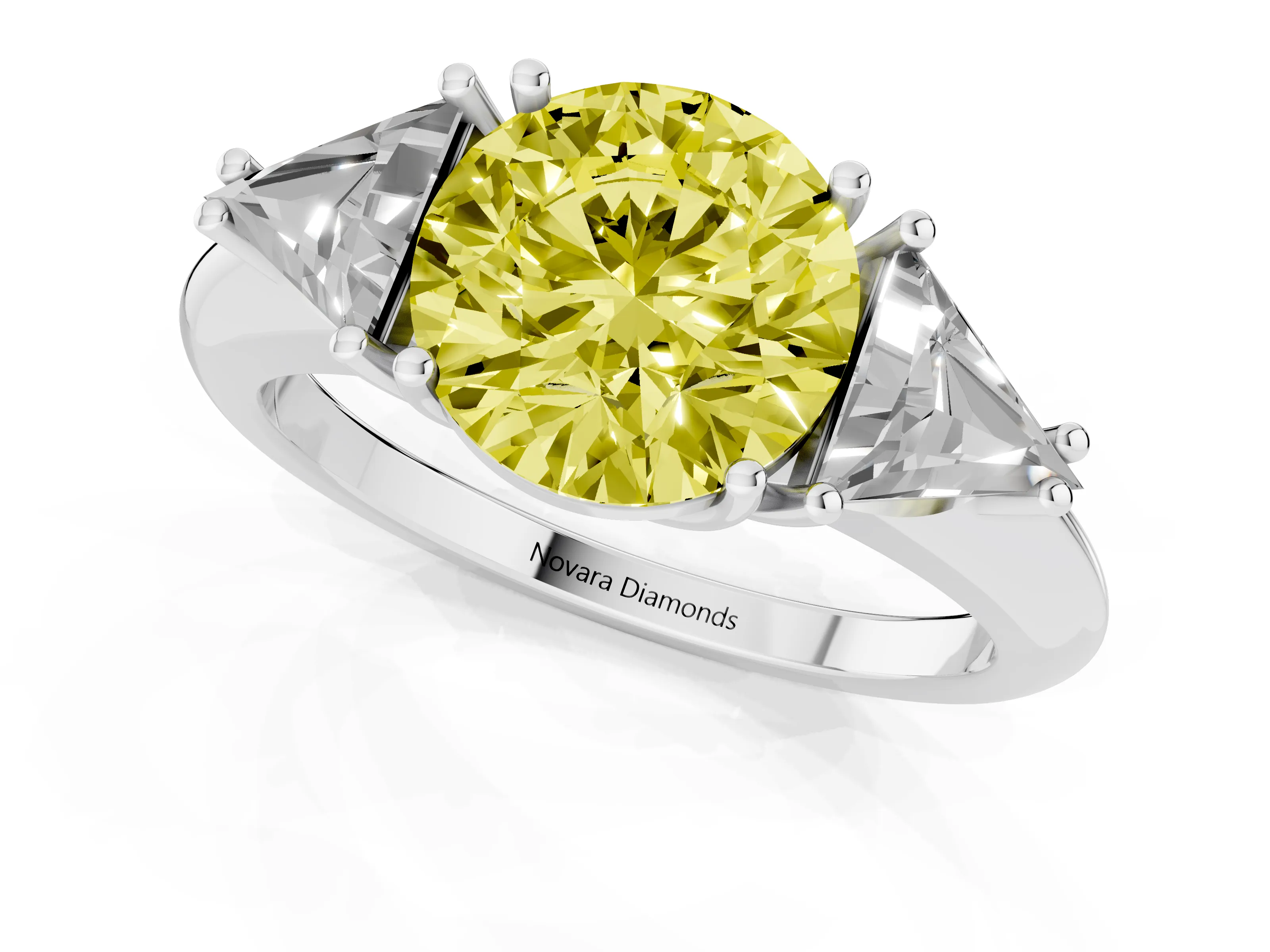 Fancy Yellow Round Cut Diamond Three-Stone Engagement Ring Set in White gold with Trillion Side Stones