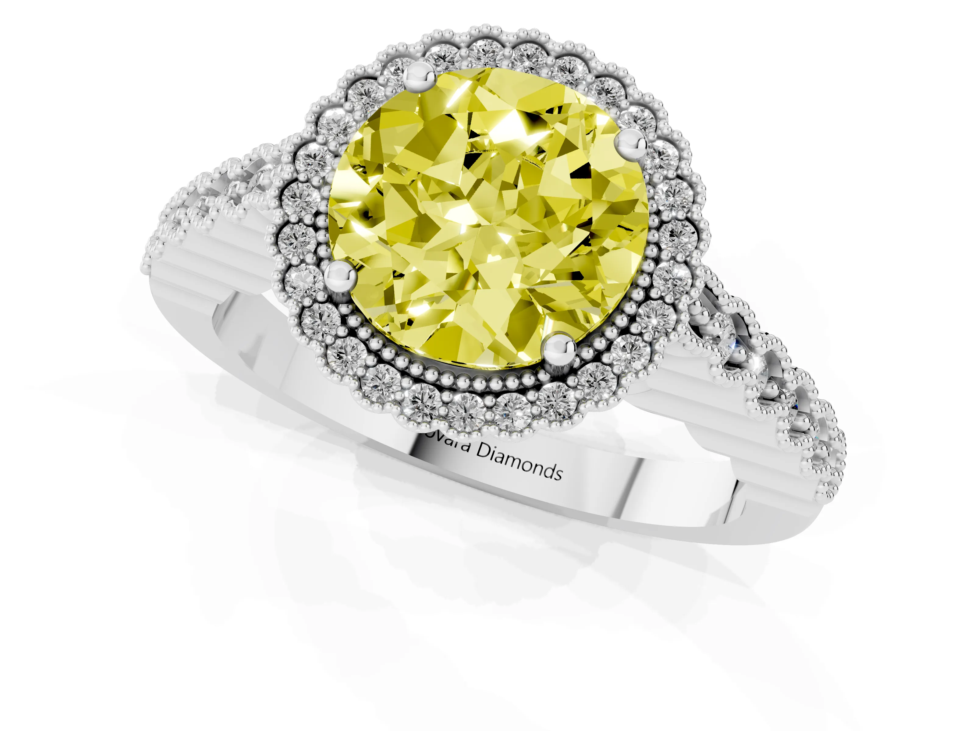 Fancy Yellow Round Cut Diamond Halo Ring Set in Platinum with Pavé Milgrain Band