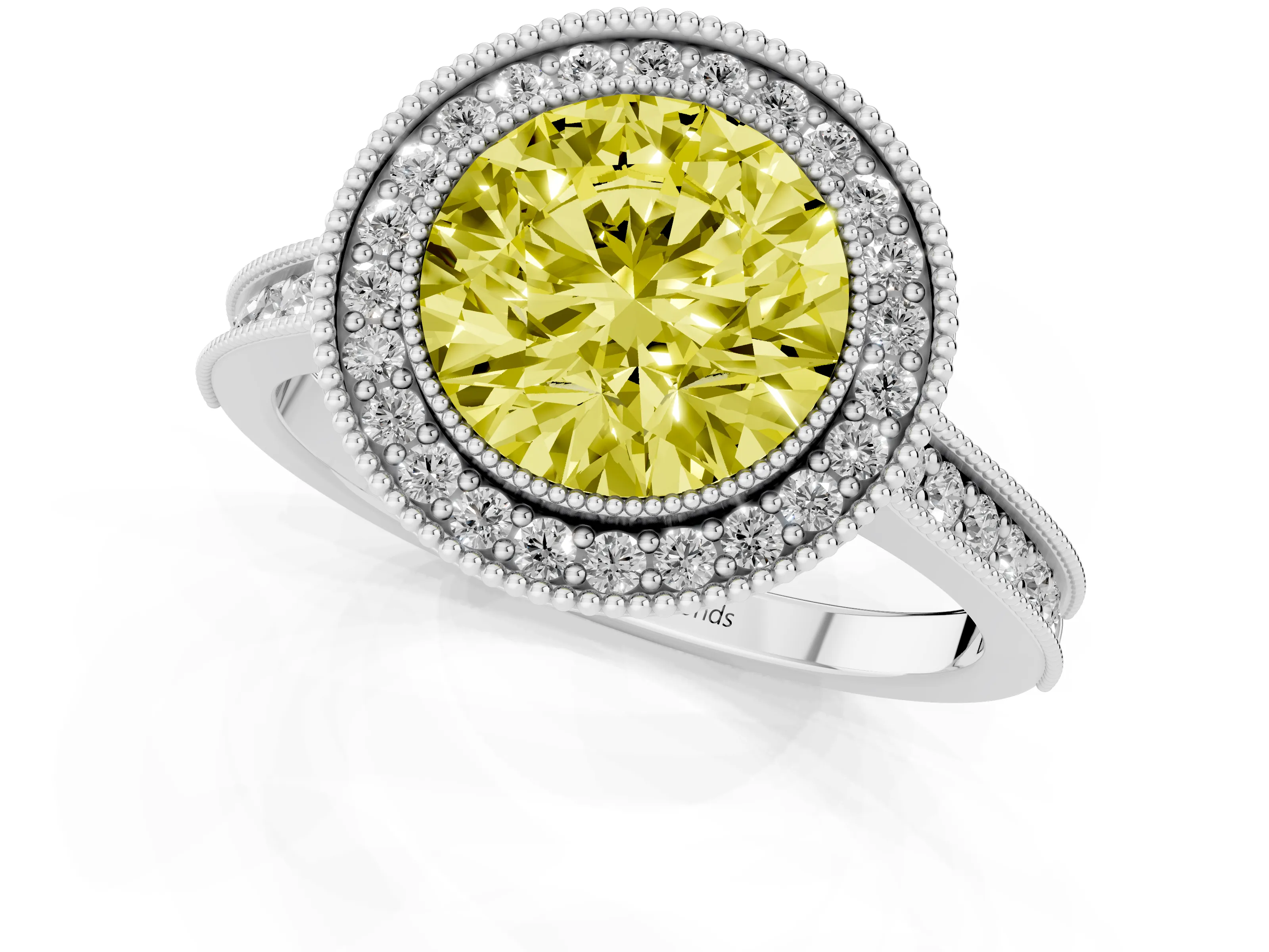 Fancy Yellow Round Cut Diamond Halo Milgrain Pavé Band Ring Set in Platinum with Prong Setting