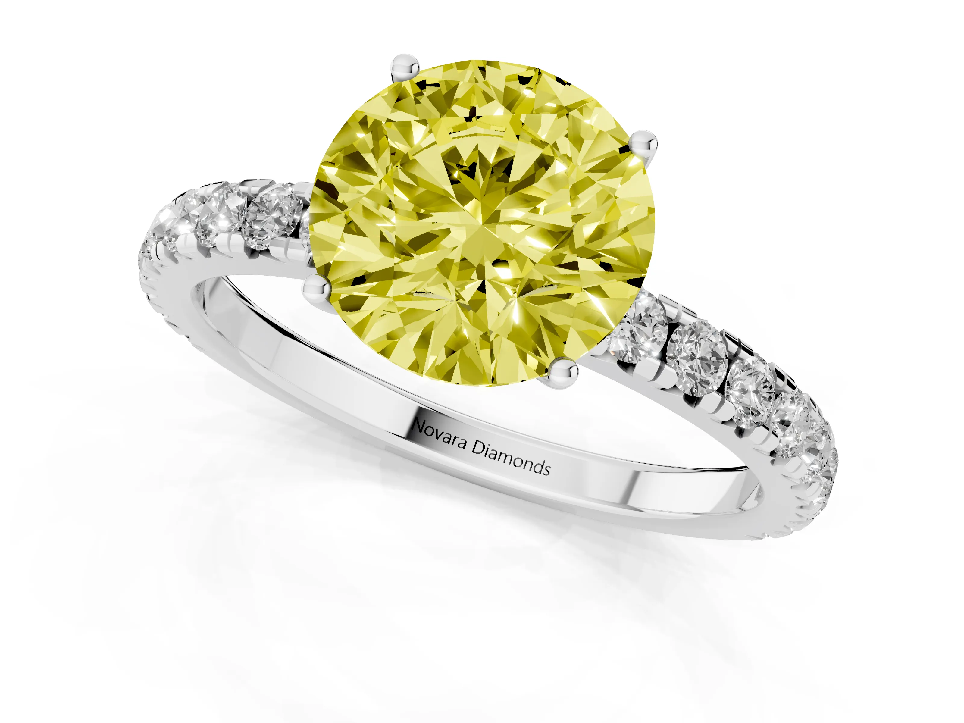 Fancy Yellow Round Cut Diamond Pavé Solitaire Engagement Ring Set in White gold with Prong Setting