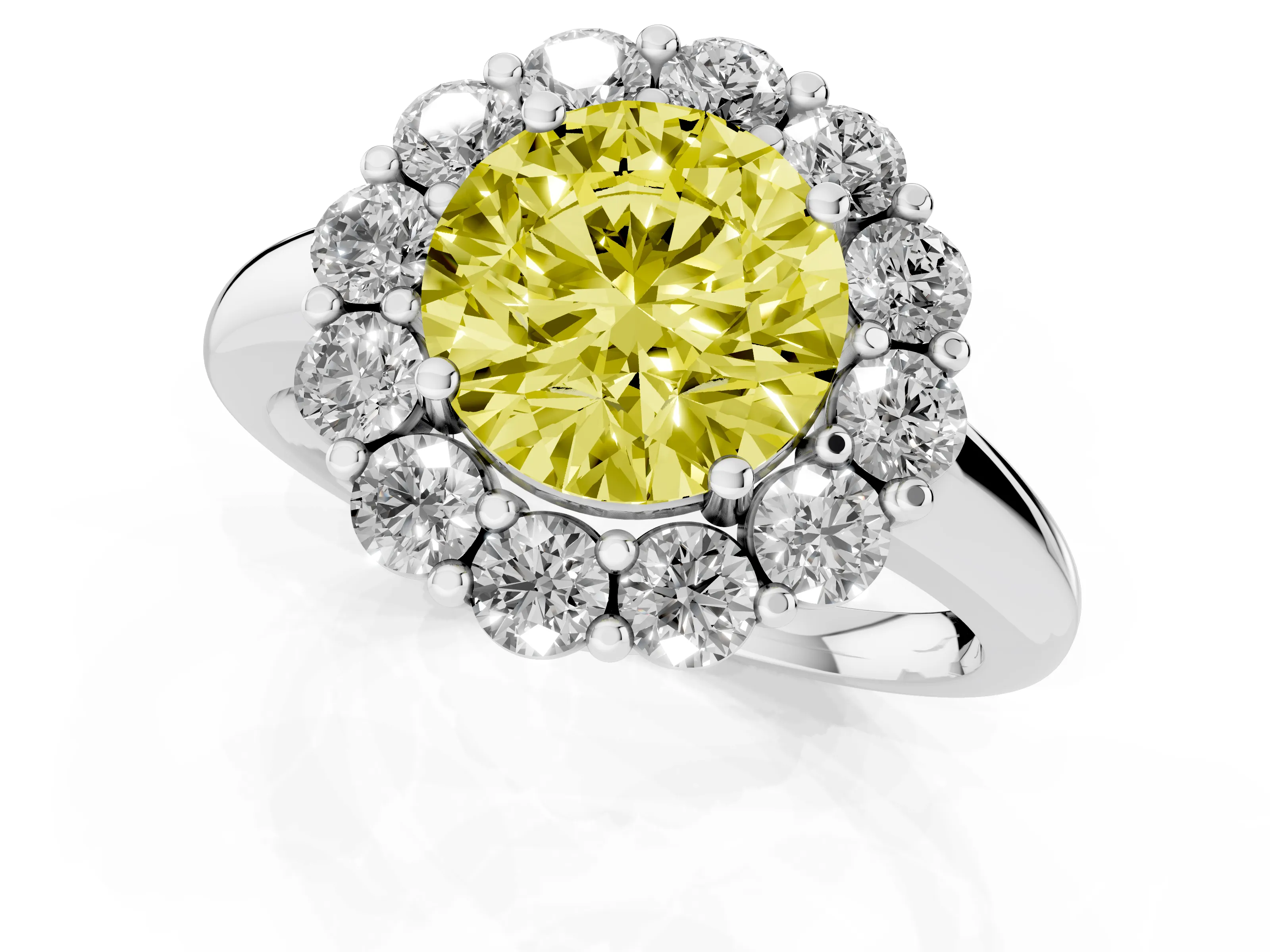 Fancy Yellow Round Cut Diamond Halo Cluster Engagement Ring Set in White gold with Polished Band and Prong Setting