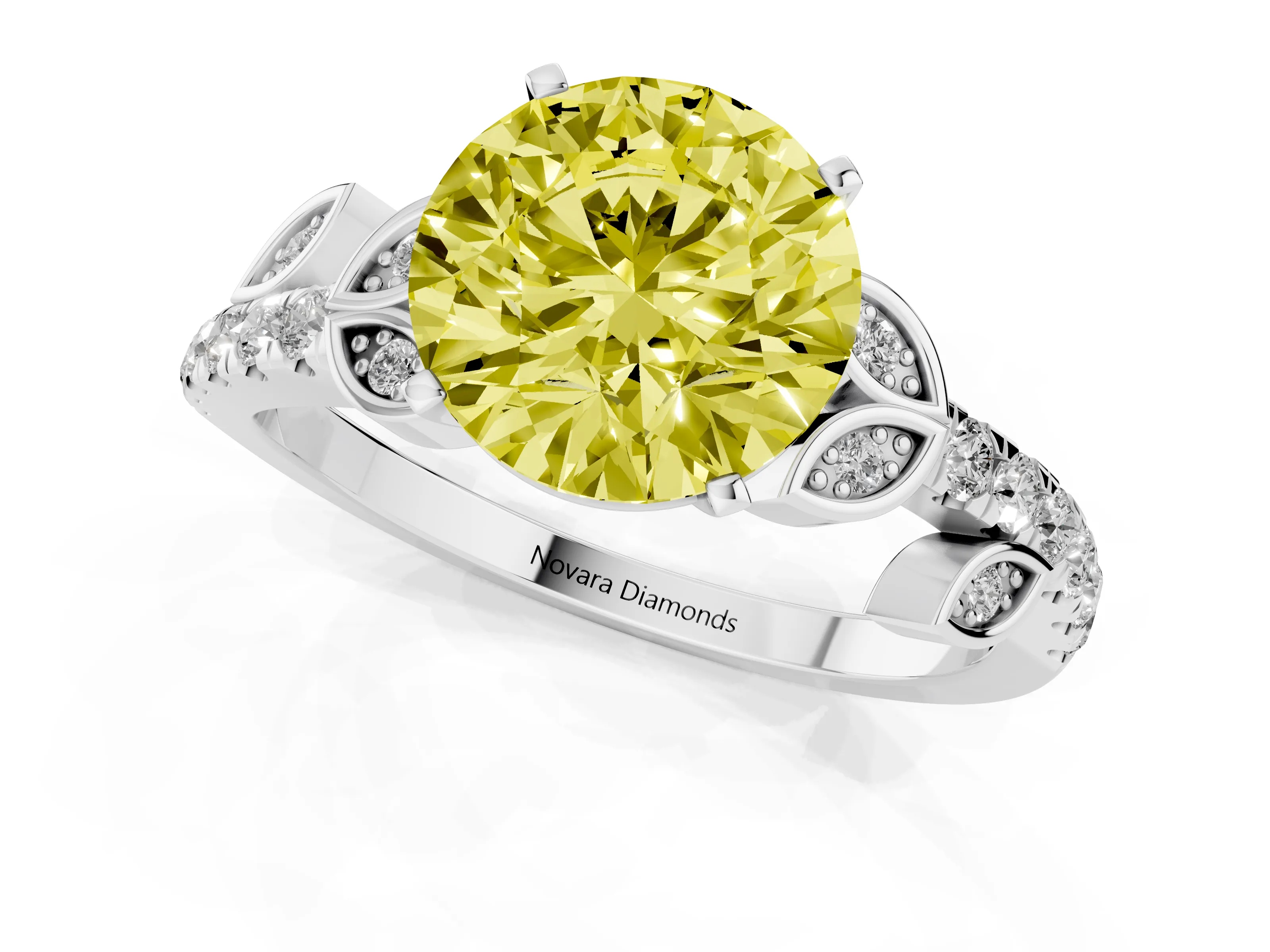 Fancy Yellow Round Cut Diamond Solitaire Leaf-Inspired Ring Set in Platinum with Pavé Band and Prong Setting