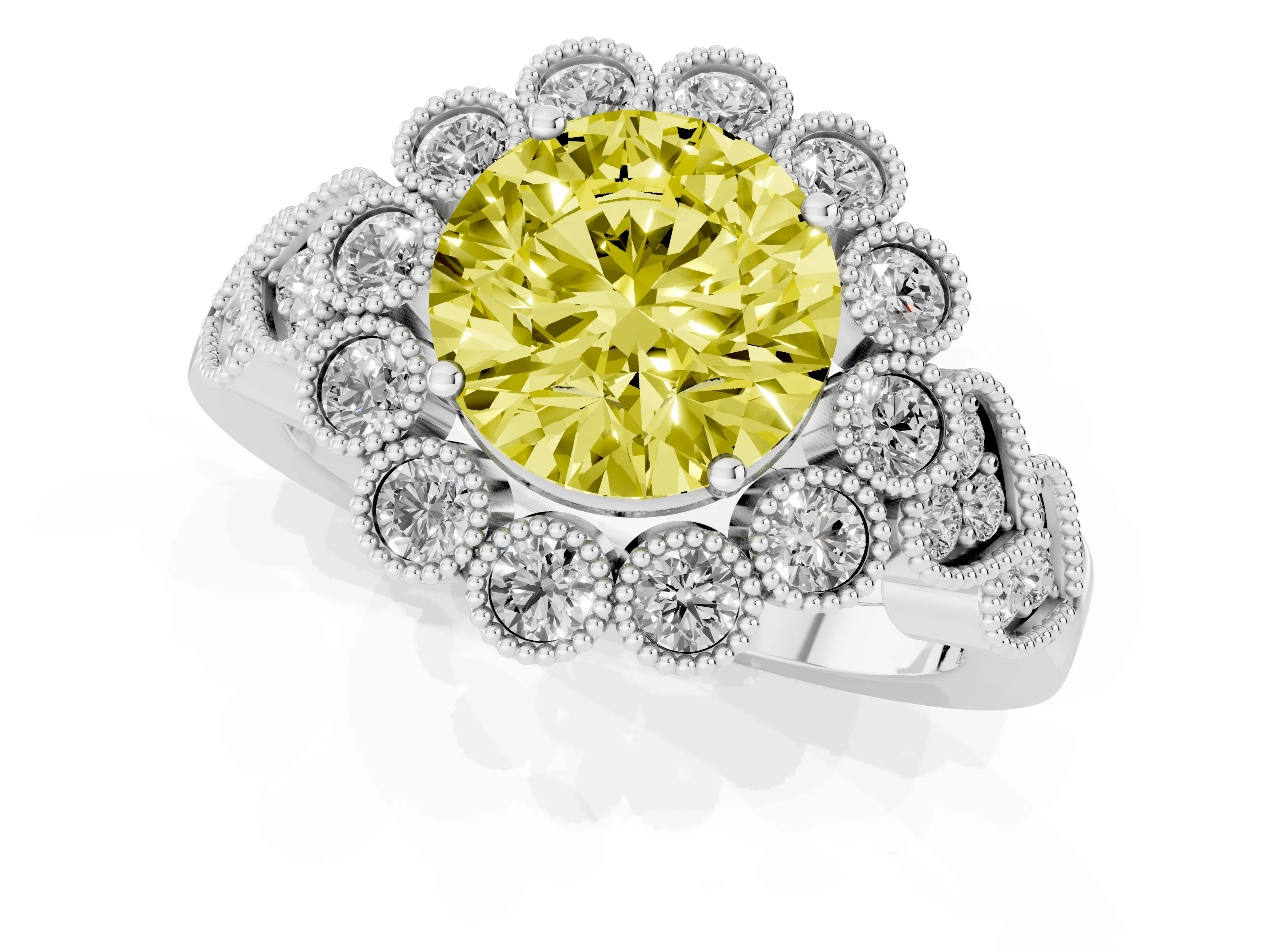 Fancy Yellow Round Cut Diamond Solitaire Ring Set in White gold with Milgrain Pavé Heart Band